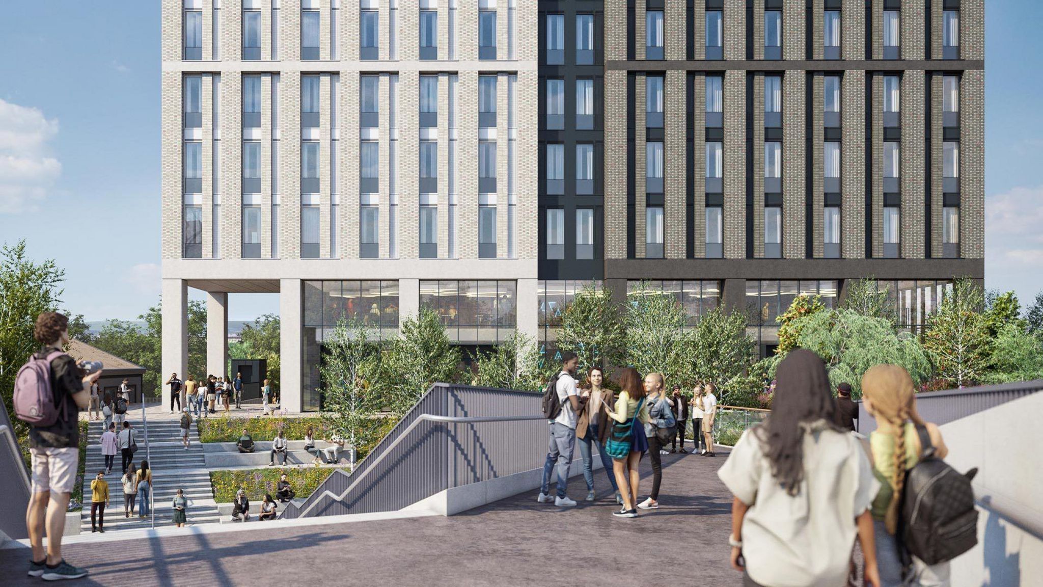 Artist impression of what the student tower block will look like. It is a white, grey and black building with lots of rectangular windows. CGI people are walking around the site, and there are some trees around the steps leading up to the tower.  
