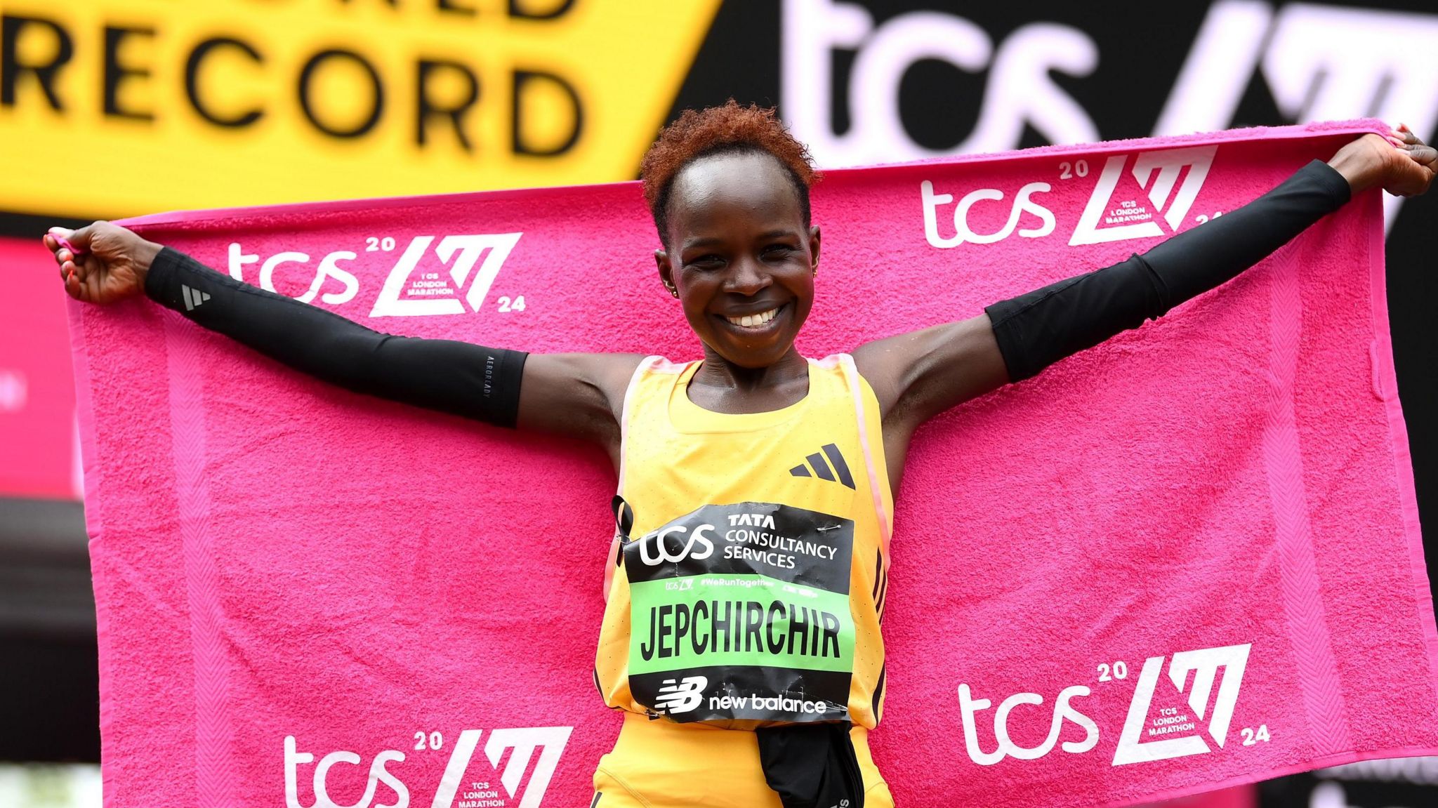 Peres Jepchirchir celebrates after winning the London Marathon title this year