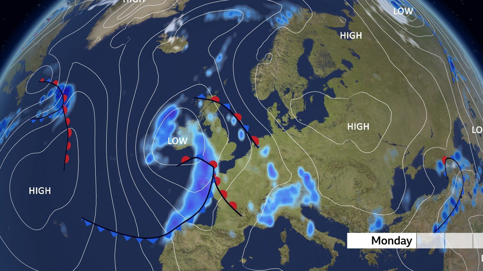 Pressure chart showing low pressure fronts and rain over the UK