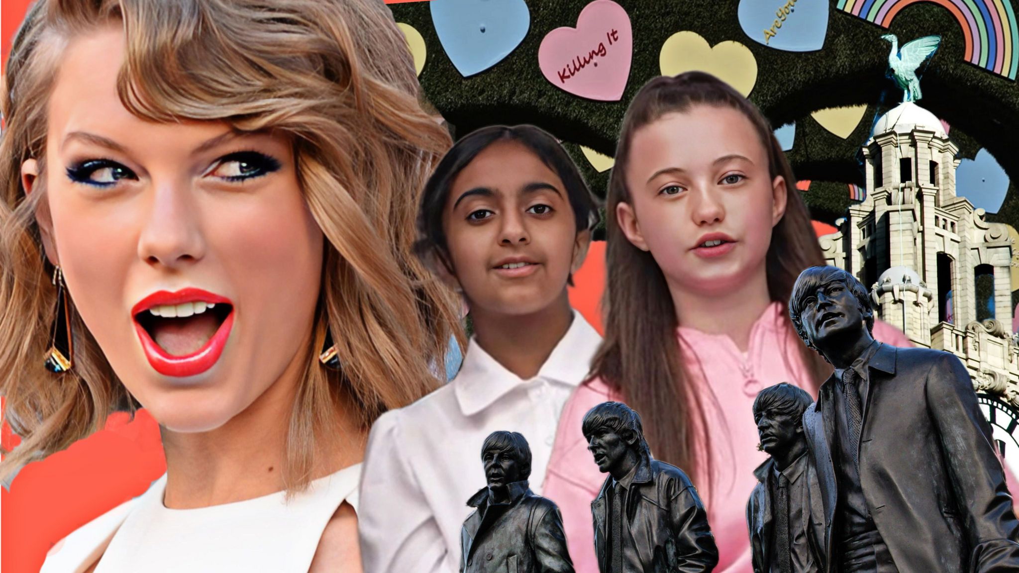 A collage of Liverpool landmarks, Taylor Swift and two Newsround press packers