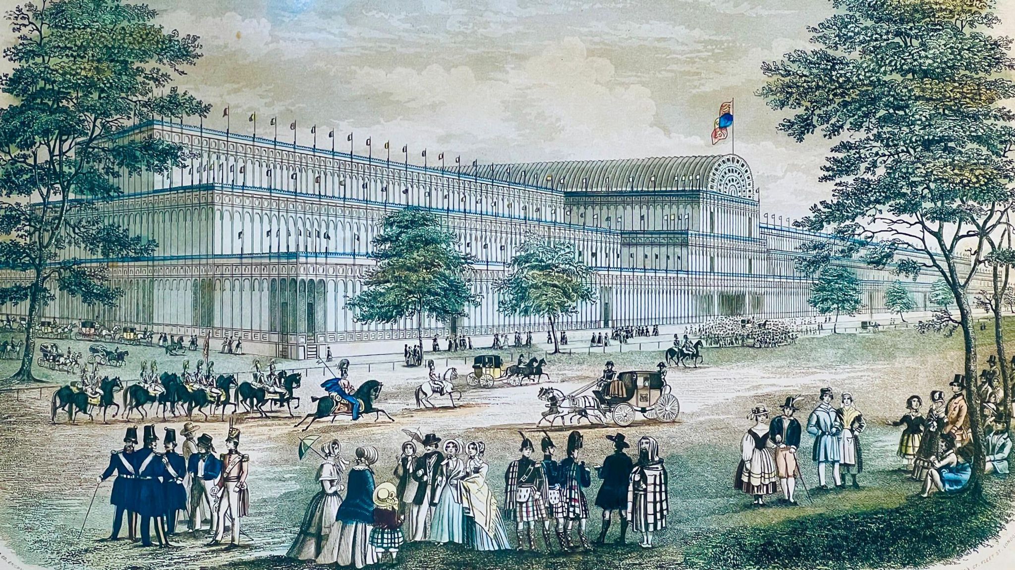 Stock illustration of the Great Exhibition of 1851 showing people in Victorian dress standing on grass outside the Crystal Palace