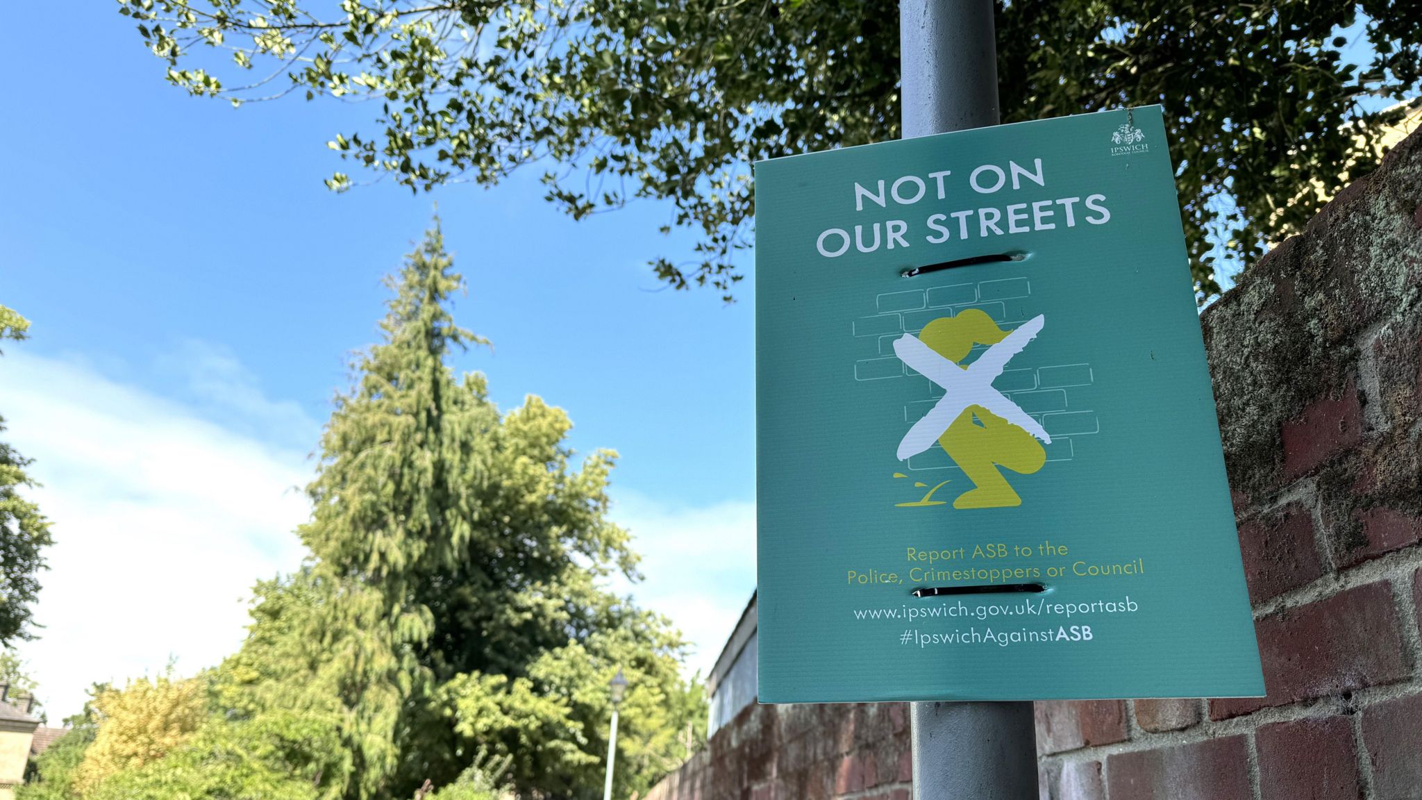 A green poster attached to a lamp post which reads “Not On Our Streets” above a graphic of a woman squatting with an X across the image, and information for Crimestoppers