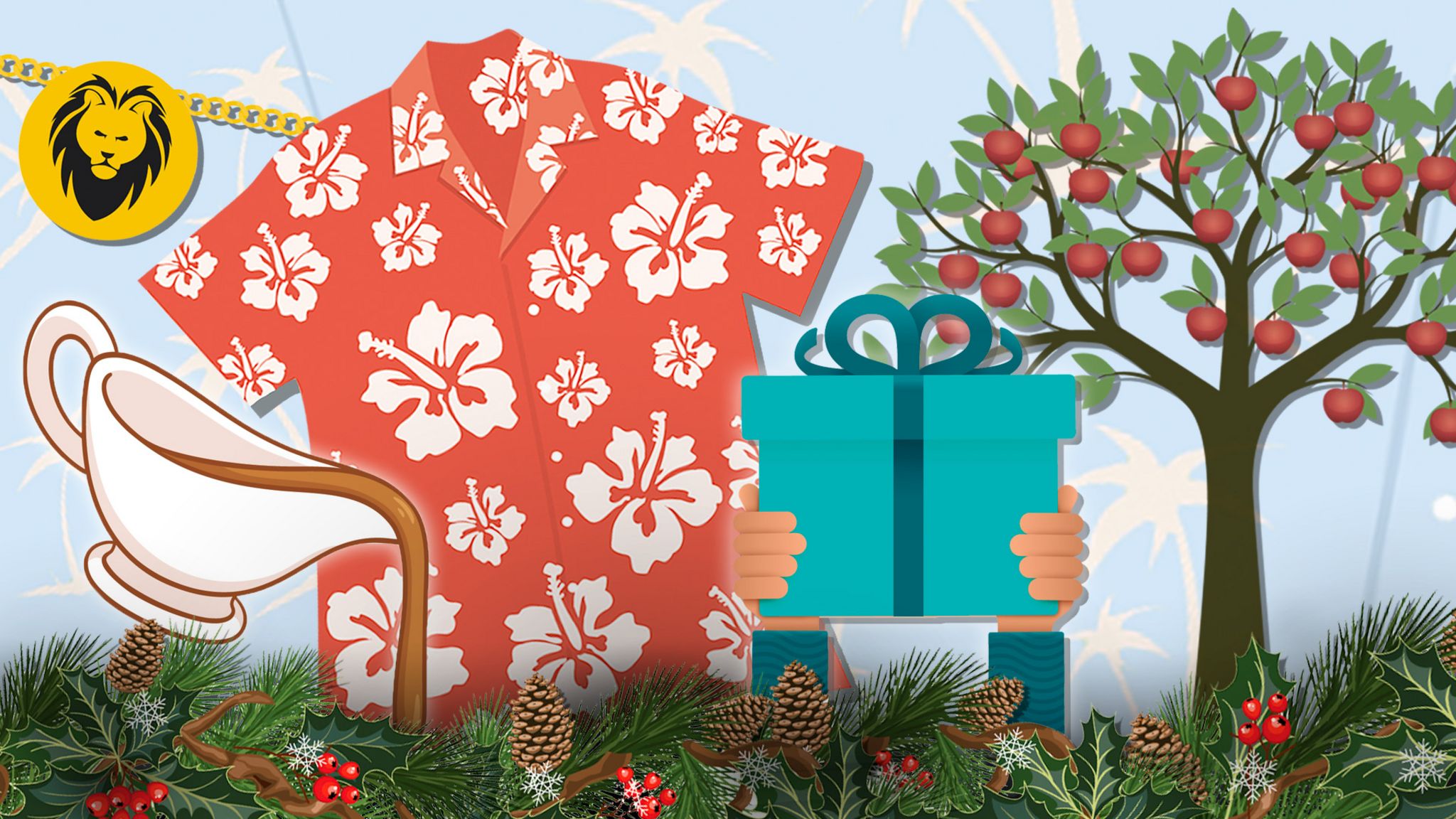 Illustration of a Hawaiian shirt, lion's head necklace, gravy boat, crab apple tree and hands holding a present
