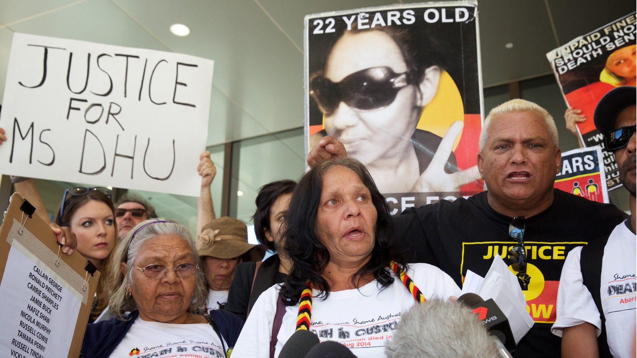 Relatives of Ms Dhu participate in a protest outside the coroner's court in Perth, Australia, 16 December 2016