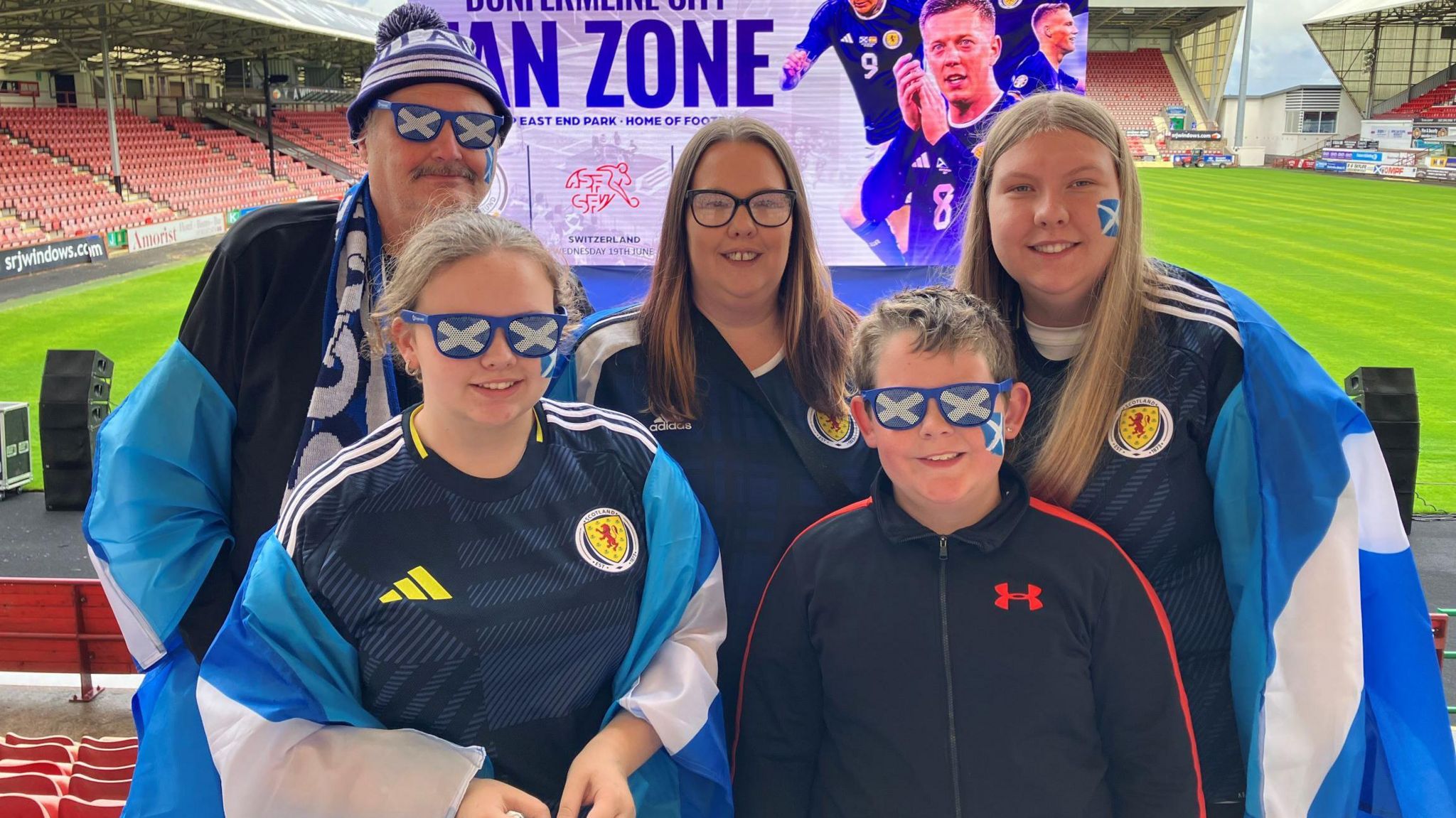 Peter Nellis with his daughter Maria and his three grandchildren in Dunfermline at the Euro 2024 fanzone