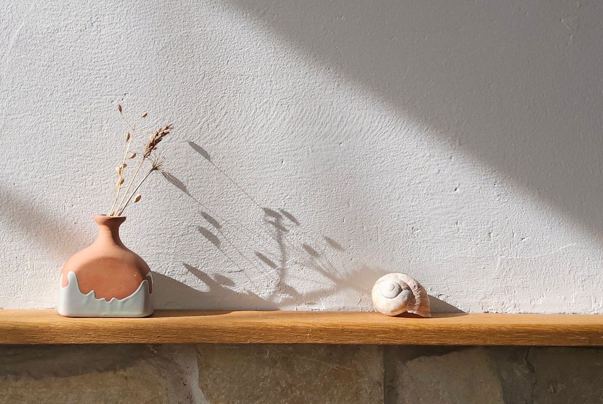 Dried flowers in a vase on a mantlepiece beside a seashell, with a white wall behind them