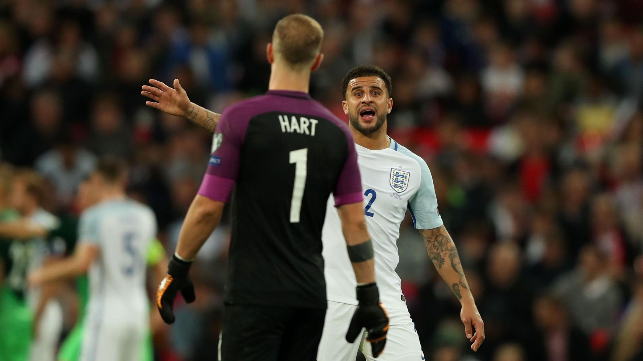 Joe Hart and Kyle Walker in action for England against Slovenia in 2017