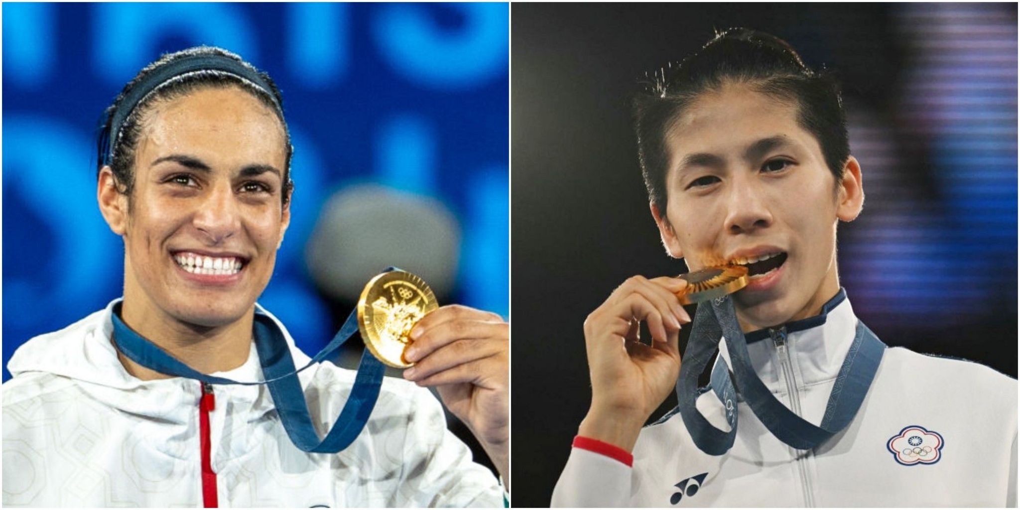 A image of Imane Khelif and Lin Yu-ting pinch their boxing golden medals