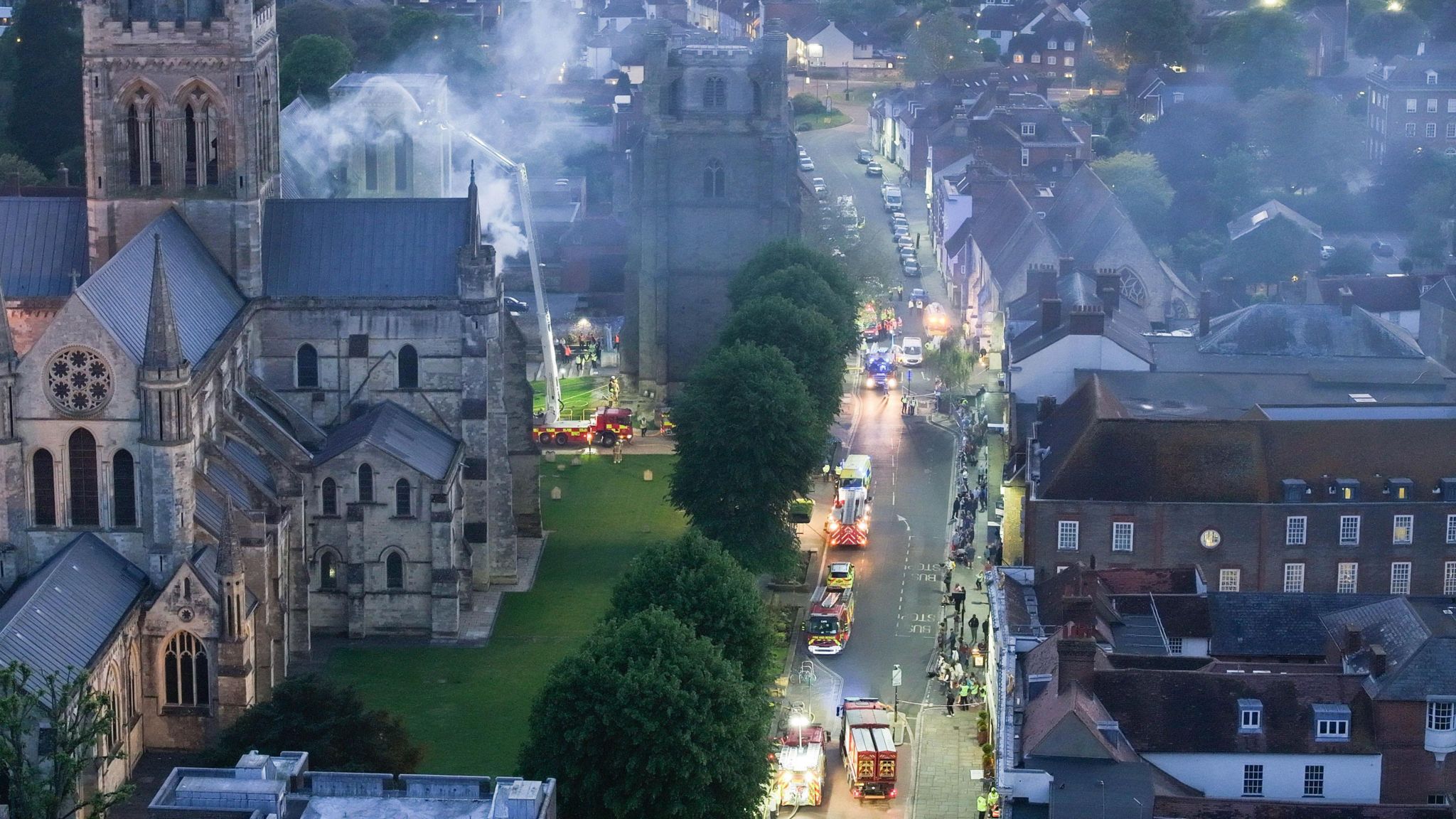 Fire engines on a street by Chichester Cathedral