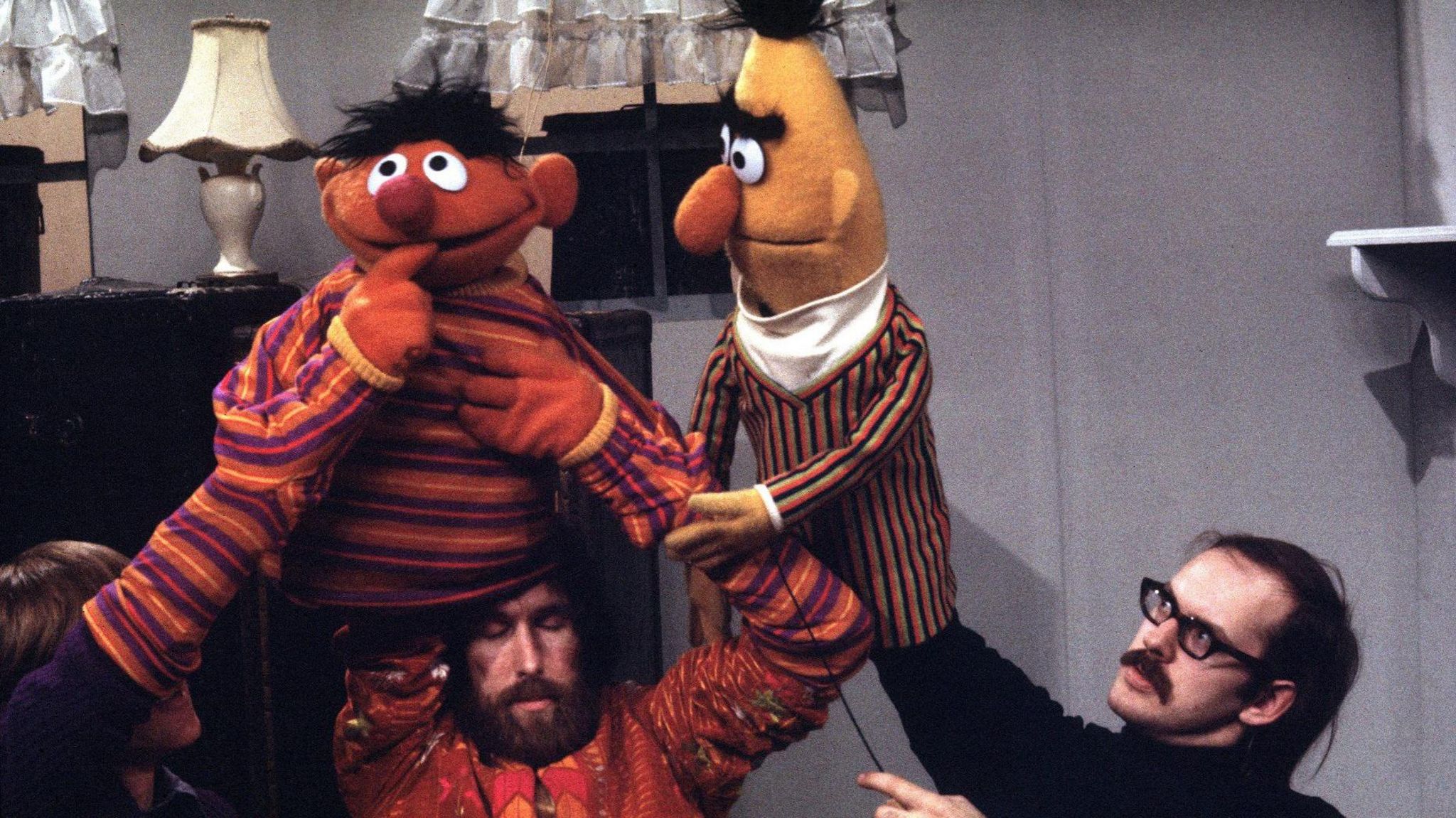 Puppeteers on the set of Sesame Street in 1970, acting Bert and Ernie