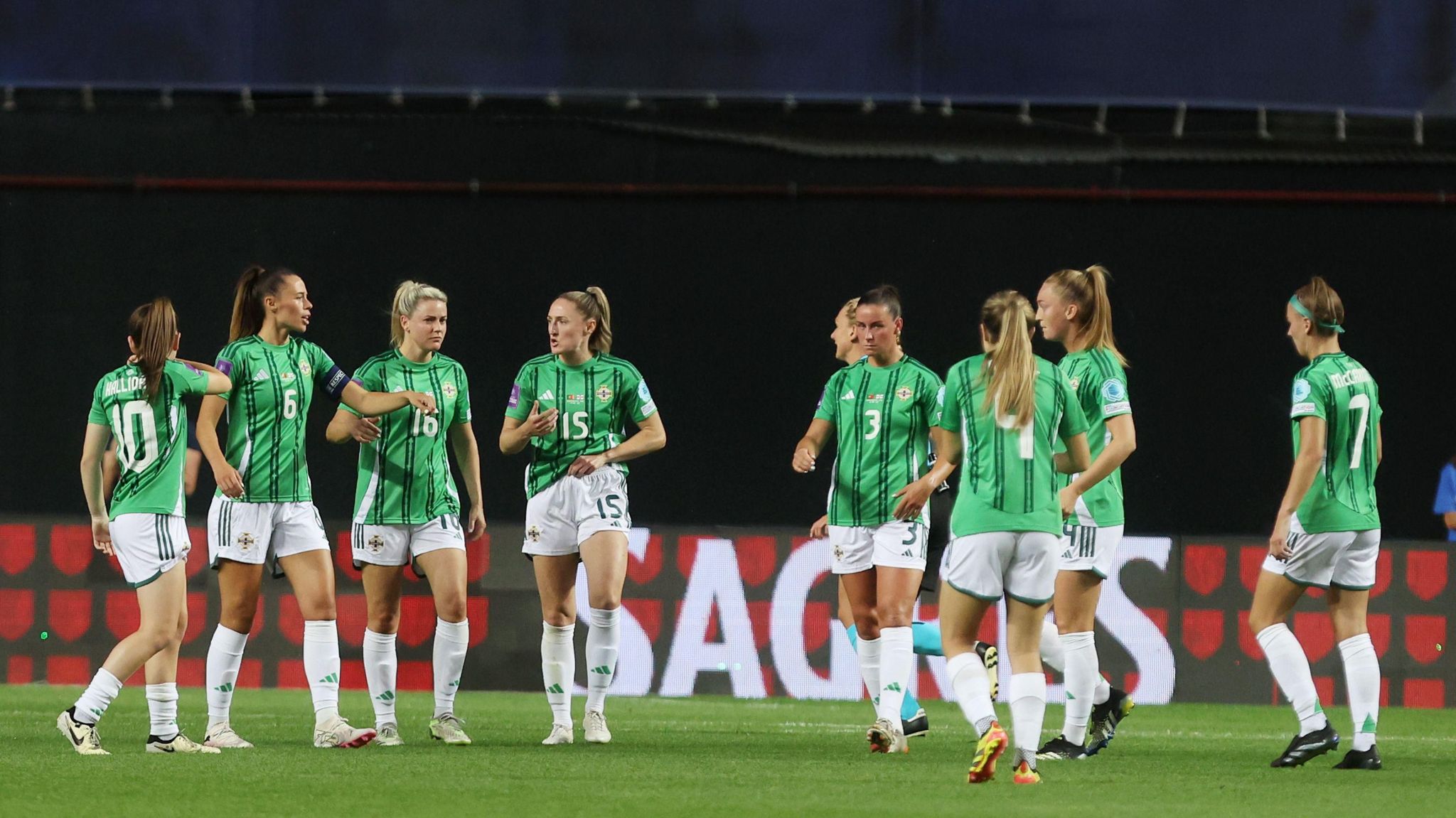 Northern Ireland in a huddle after the first goal