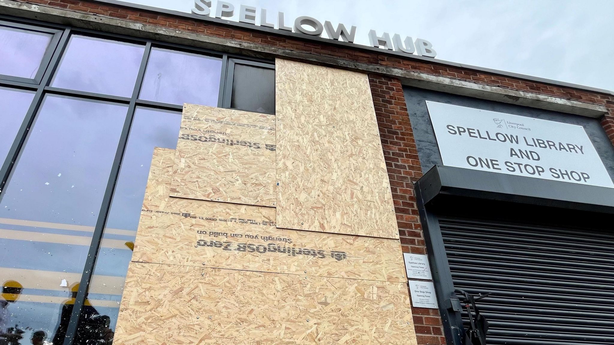 Exterior damage to the windows of Spellow Library during riots