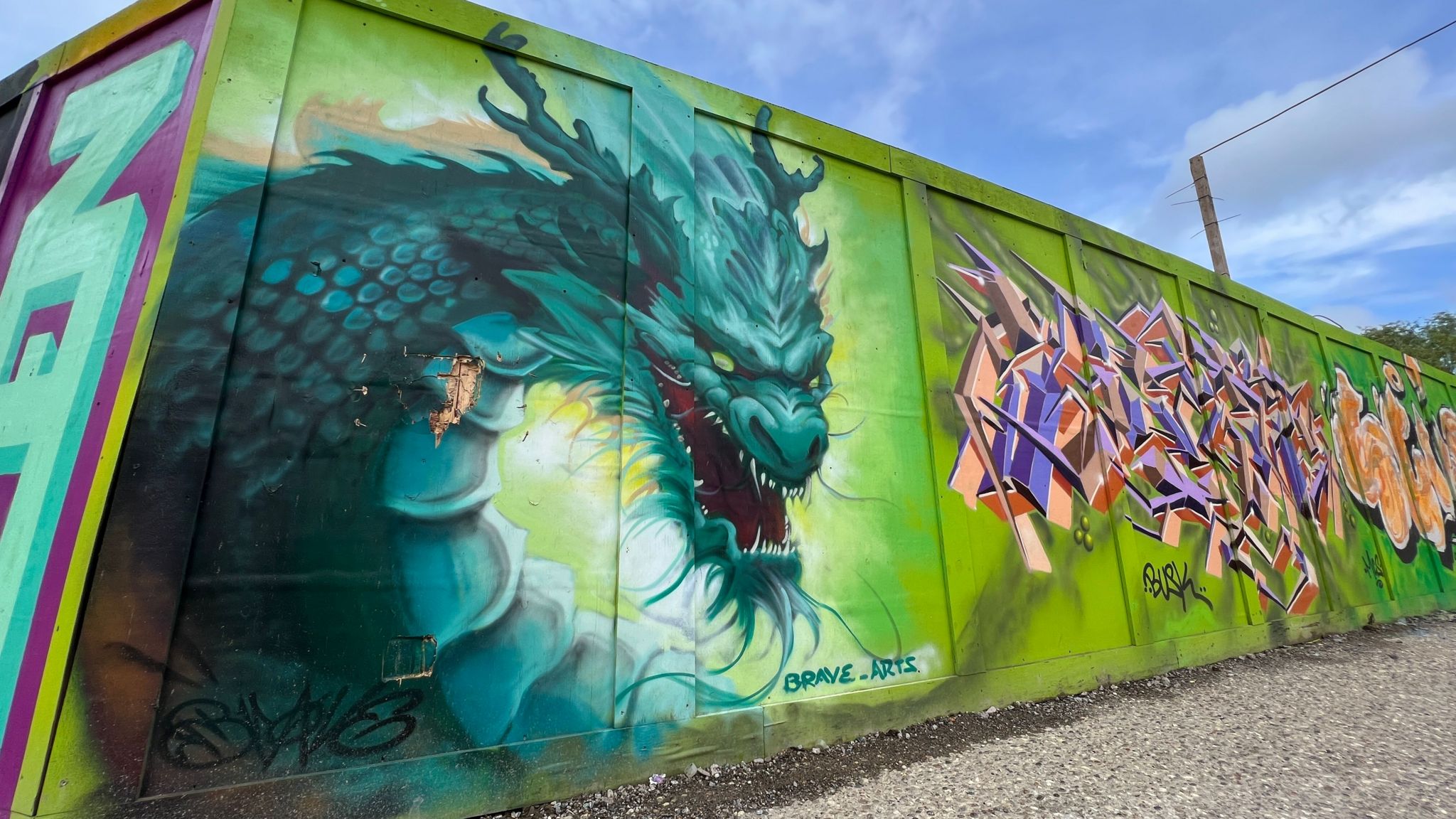 A dragon mural on a wooden boarding on Baddow Road, Chelmsford.