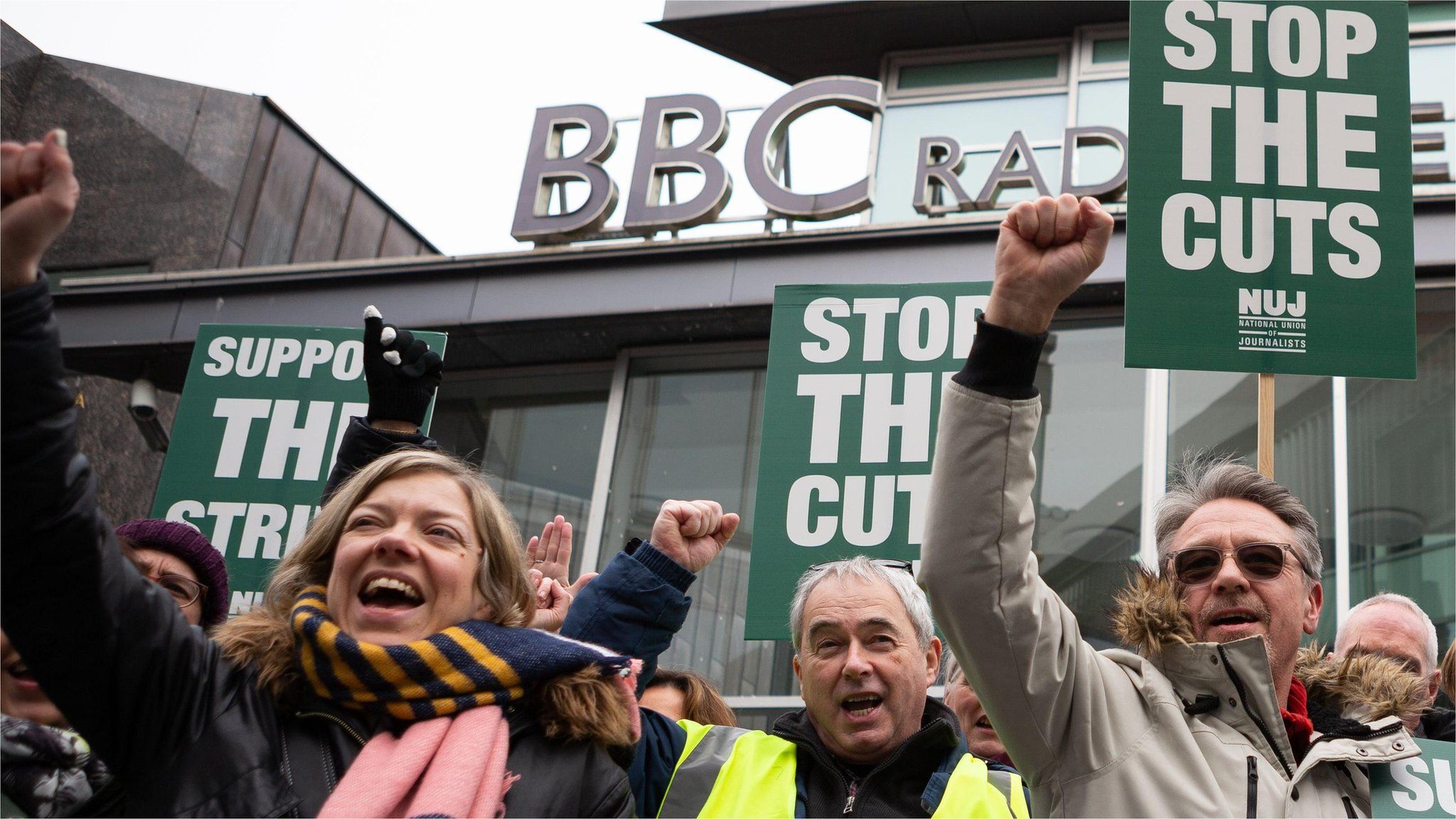 Striking BBC Local staff picket outside BBC Radio Merseyside in Liverpool, Britain, 15 March 2023. BBC Local workers in the National Union of Journalists (NUJ) have timed their strike to affect coverage of the Chancellor's Spring Budget in a row over reductions of local radio services and plans for stations to share programming on weekdays.