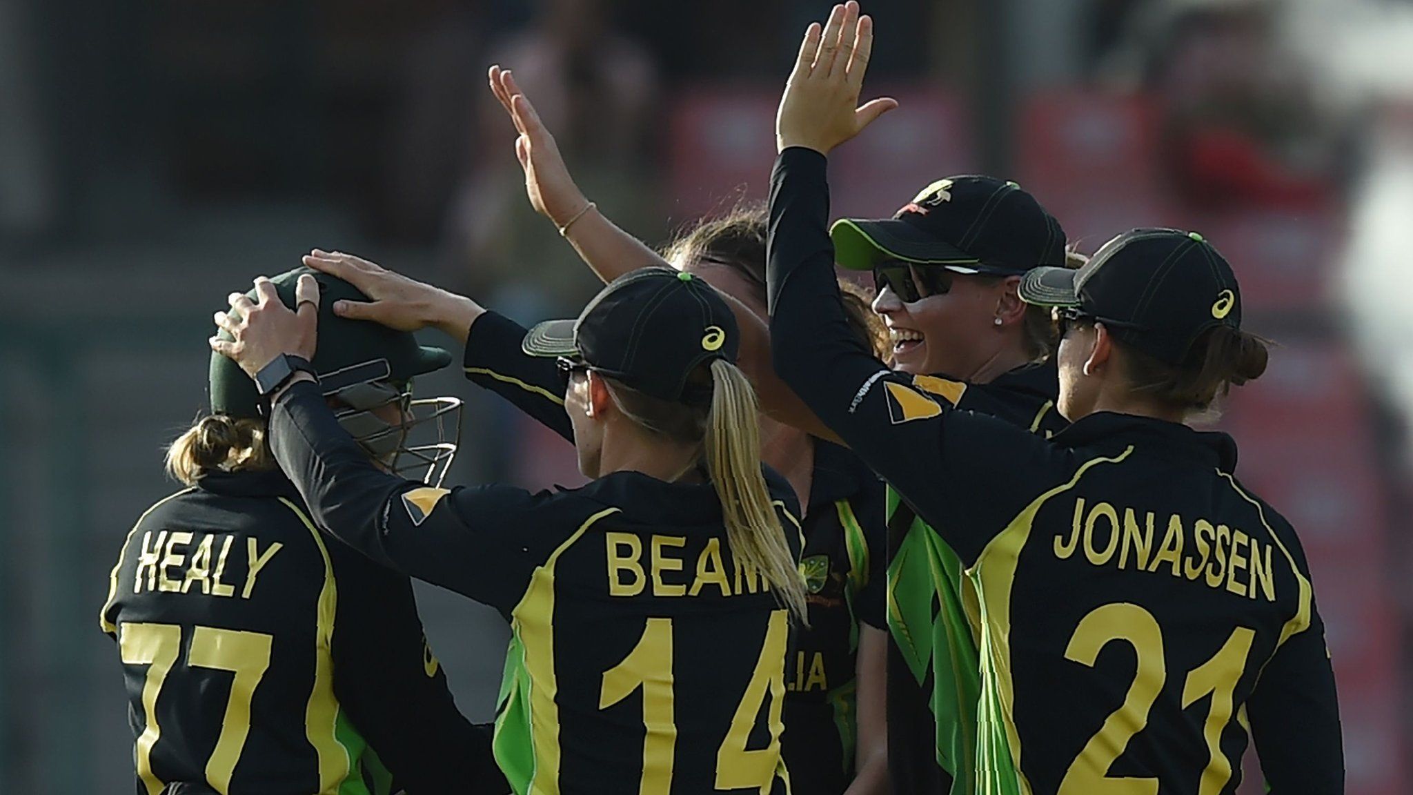 Australia women celebrate a wicket