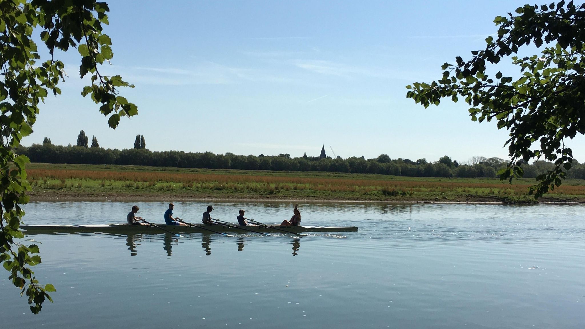 A rowing boat with four rowers and a cox move through the picture on the river in the sun with a meadow behind them and a glimpse of a church spire on the horizon