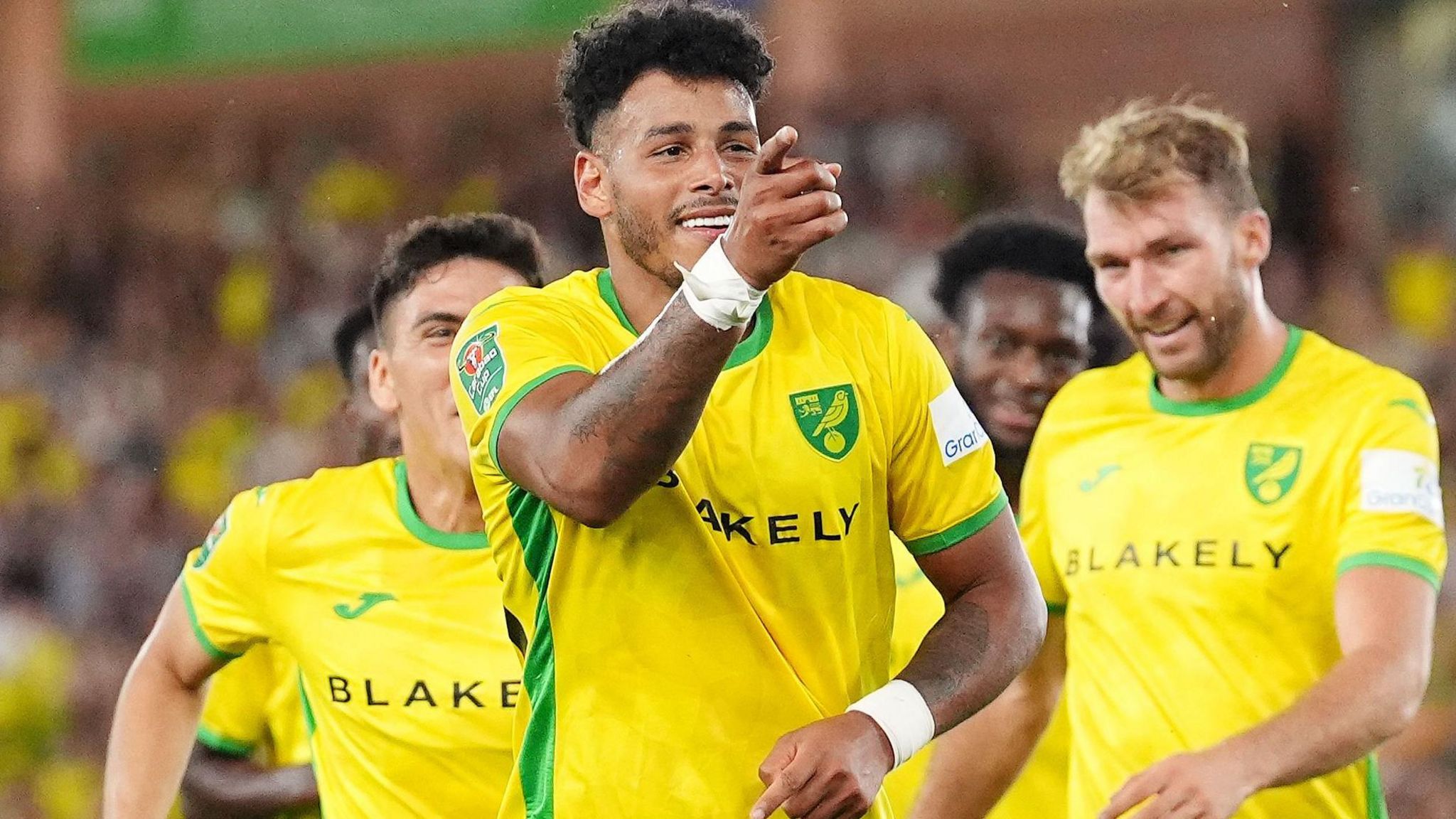 Onel Hernandez scores a goal in a football match for Norwich City