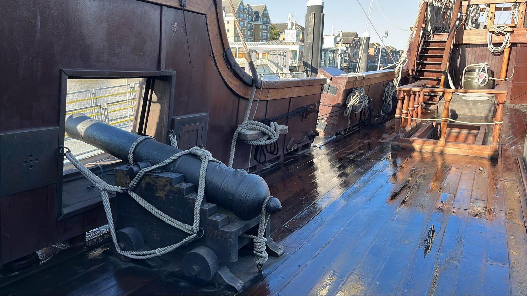 A gun and the deck of the replica galleon