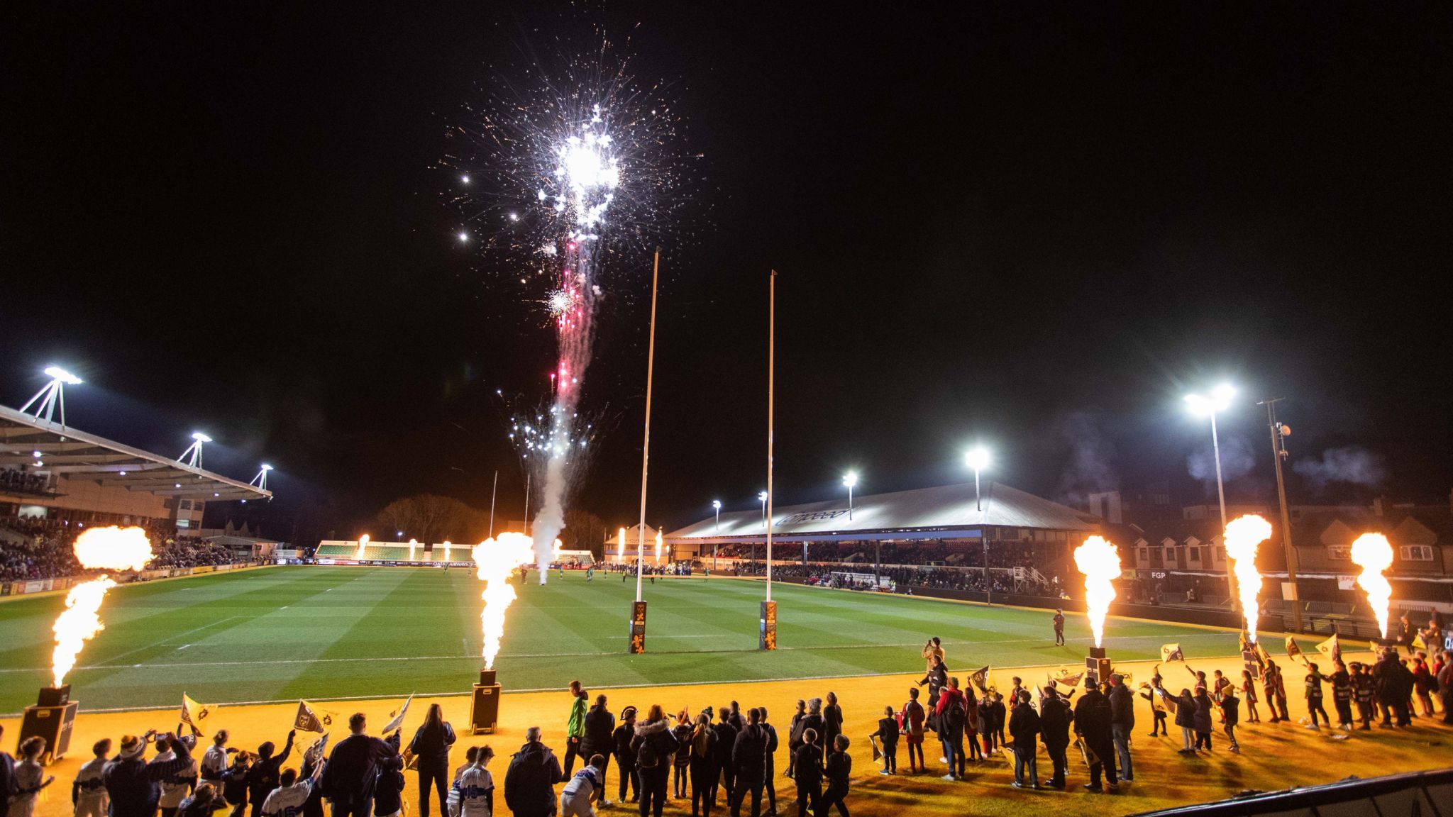 Pyrotechnics at Rodney Parade before a Dragons match