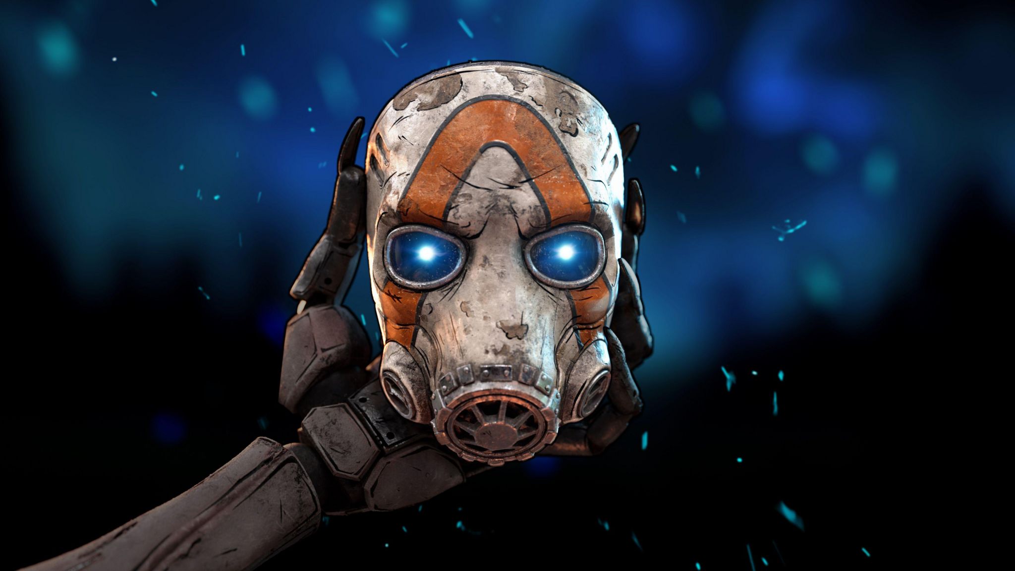 A screenshot from a game shows a robot hand holding a futuristic mark in white and orange with glowing blue eyes