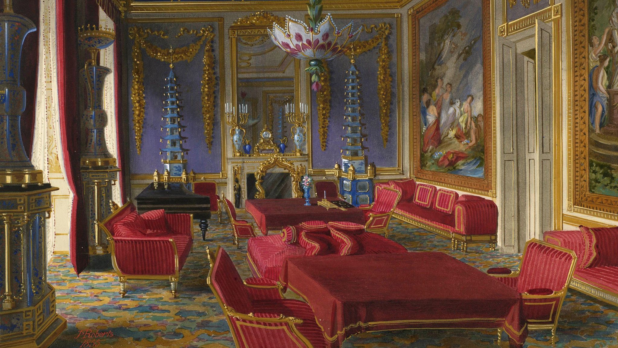 A painting of the Tapestry Drawing Room, now the Centre Room, in 1855 by James Roberts