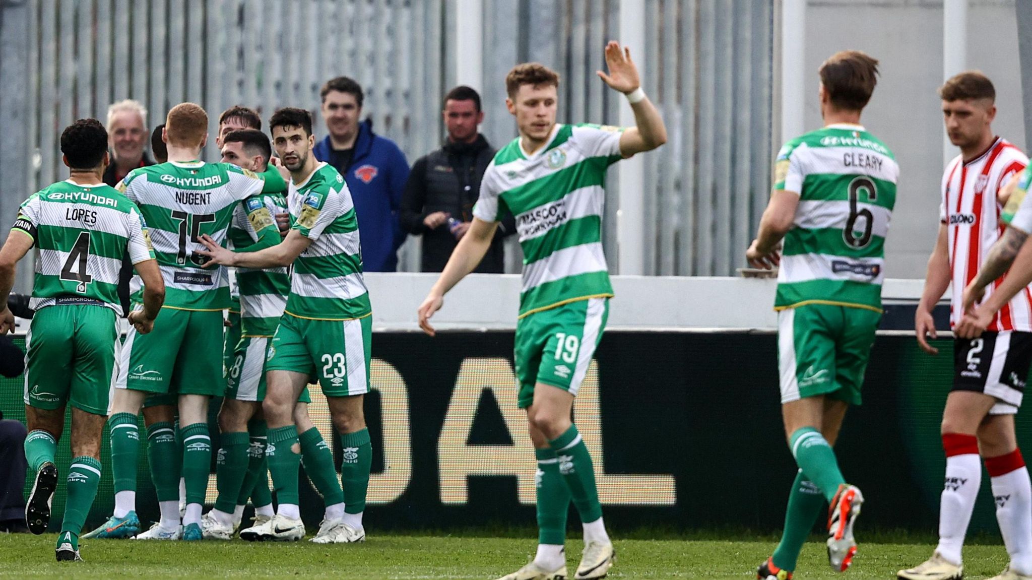 Shamrock Rovers players celebrate Johnny Kenny's goal against Derry