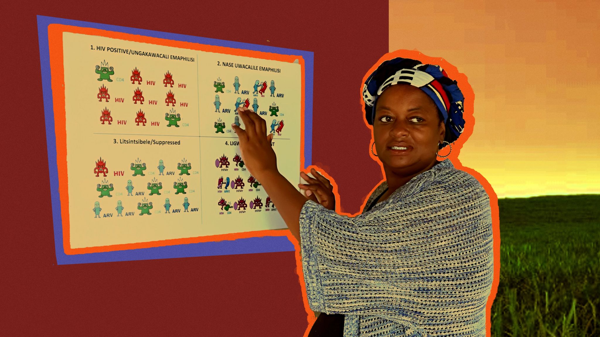 Thembi standing by a board with HIV symbols
