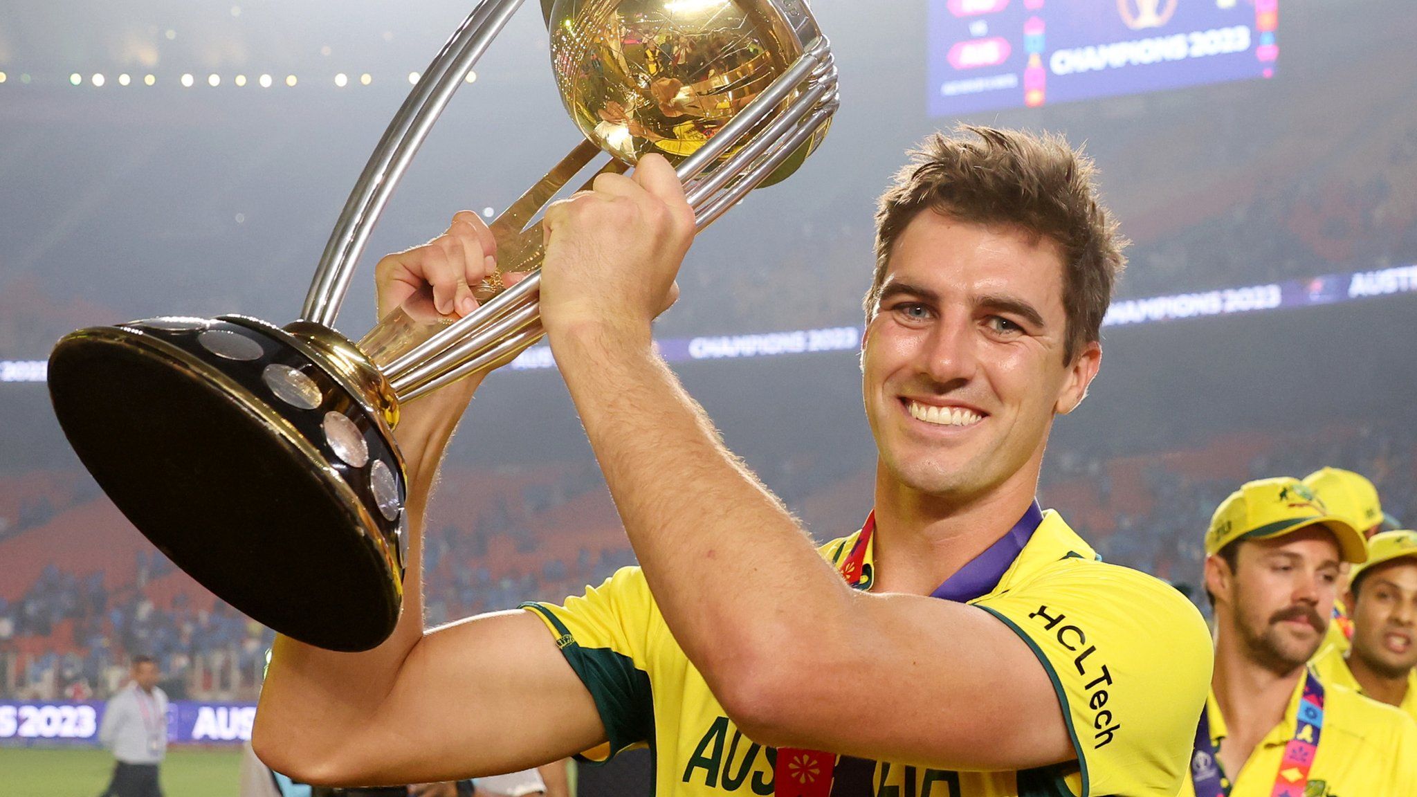 Pat Cummins lifts the Cricket World Cup trophy after Australia's win over India in Ahmedabad