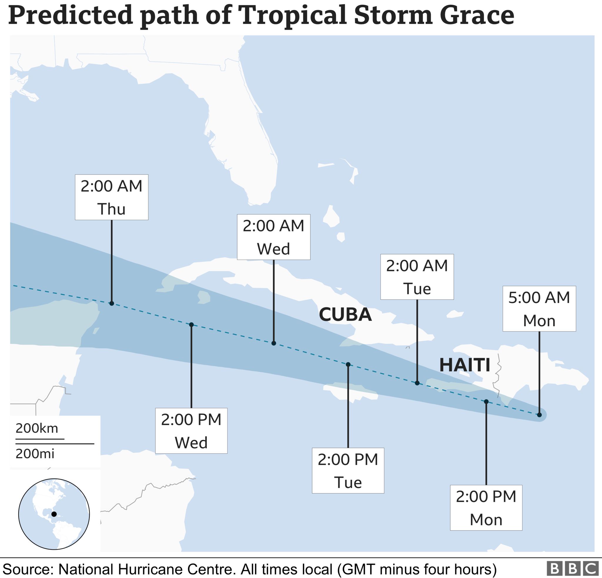 Graphic showing Grace's predicted path