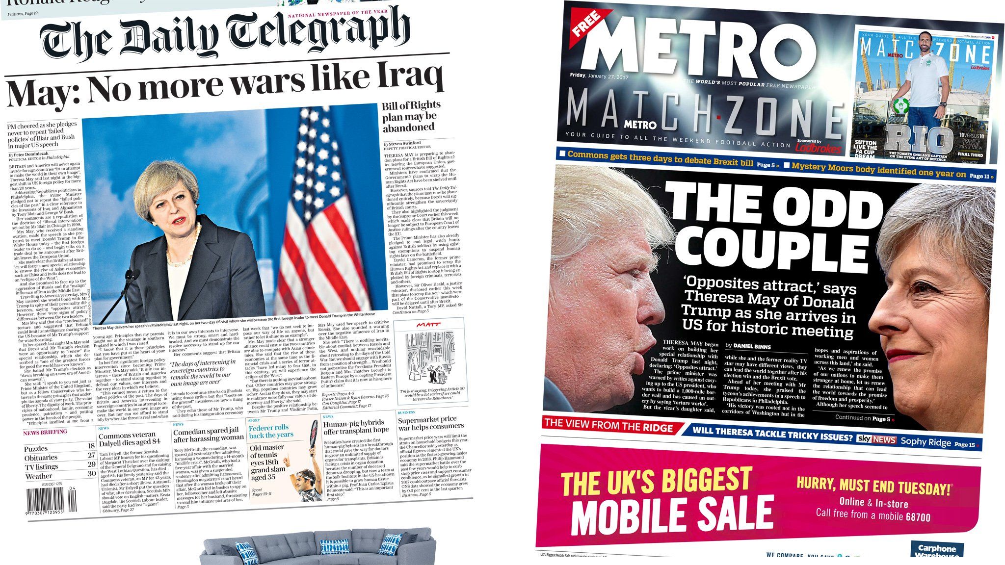 Daily Telegraph and Metro front pages