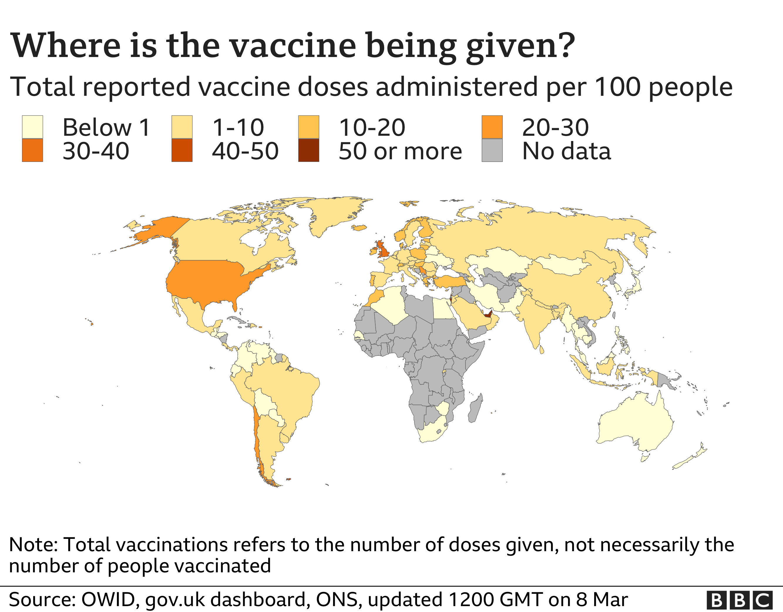 Map showing the number of vaccine doses administered per 100 people. Updated 8 March.