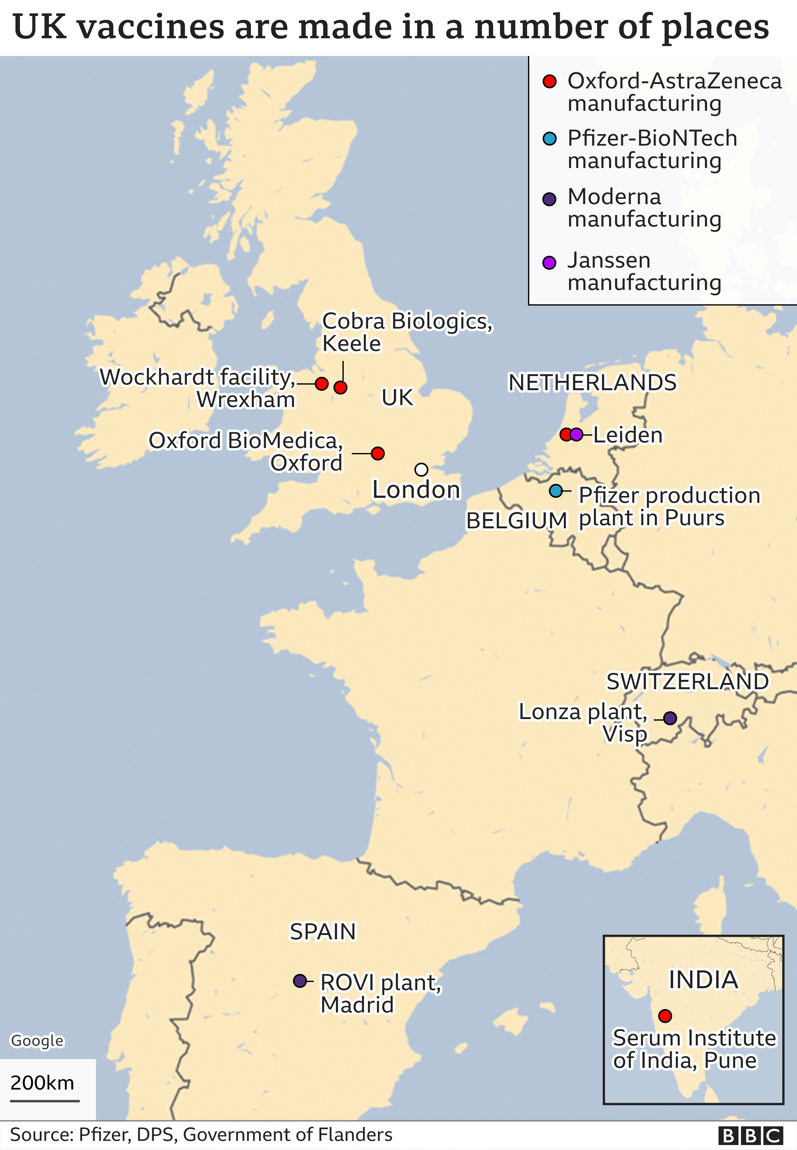 Map showing where the vaccines are made across the UK, Europe and India