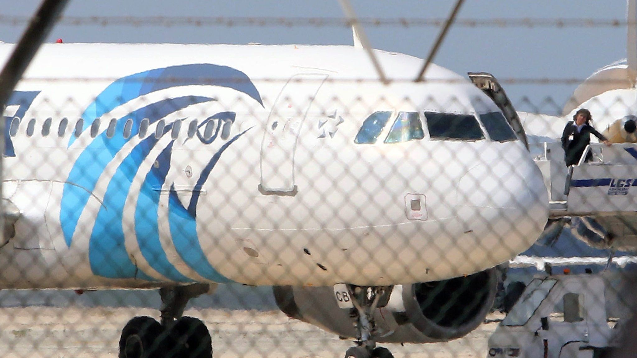 The hijacked EgyptAir A320 plane stand parked at a sealed off area of the Larnaca Airport, in Larnaca, Cyprus, 29 March 2016