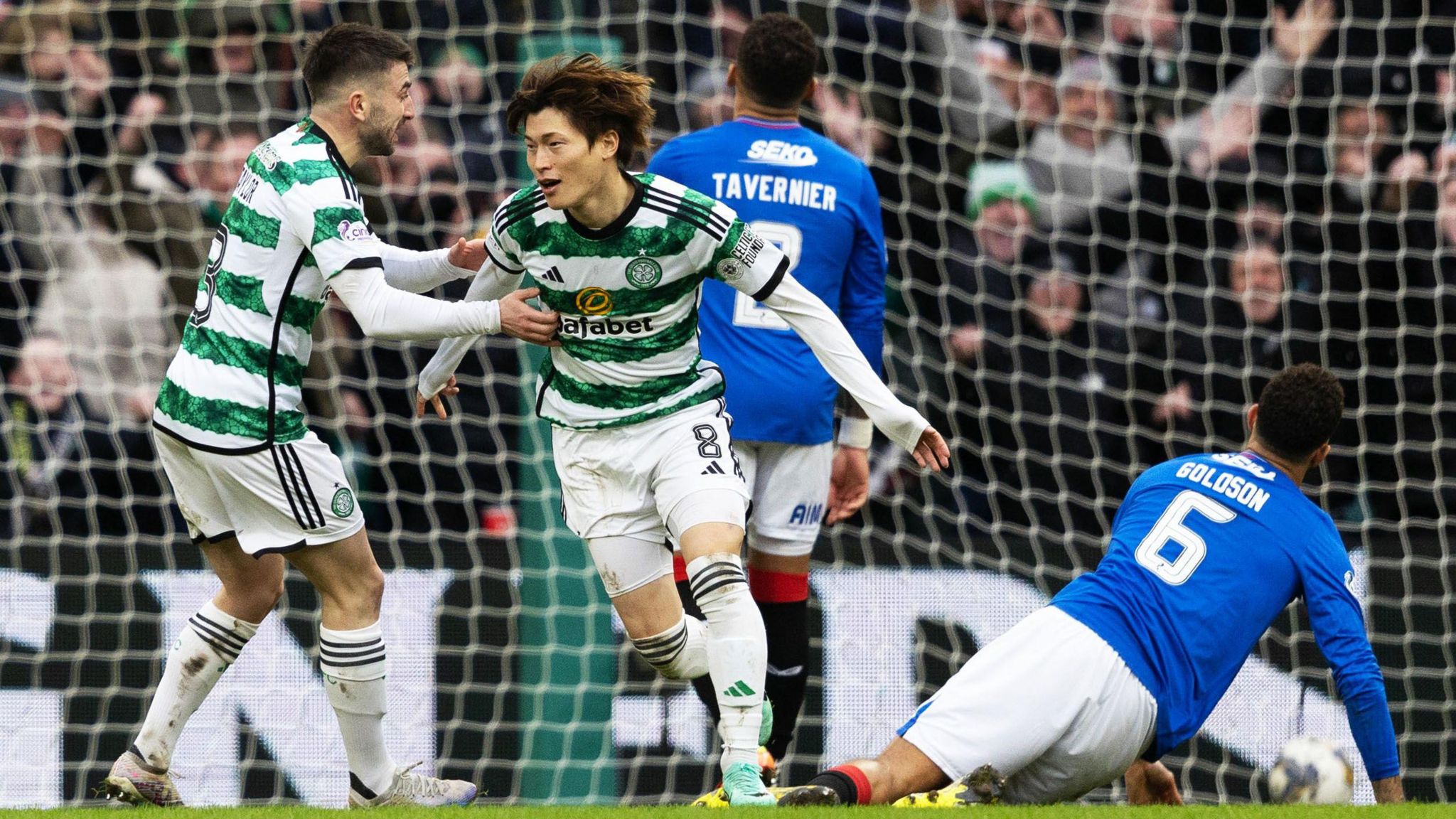 Kyogo Furuhashi celebrates after scoring for Celtic against Rangers