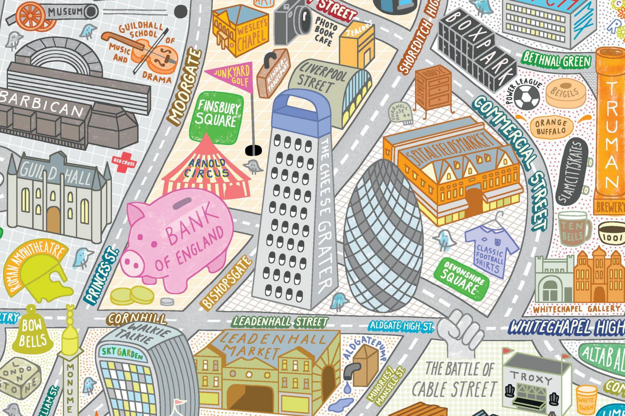 Illustrated map of London with drawings representing various places in the city with close up of illustrations around the "Cheese Grater tower"