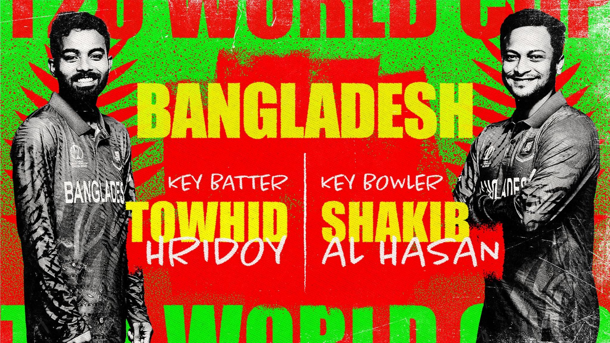 A graphic showing Towhid Hridoy and Shakib Al Hasan as Bangladesh's key batter and bowler at the Men's T20 World Cup