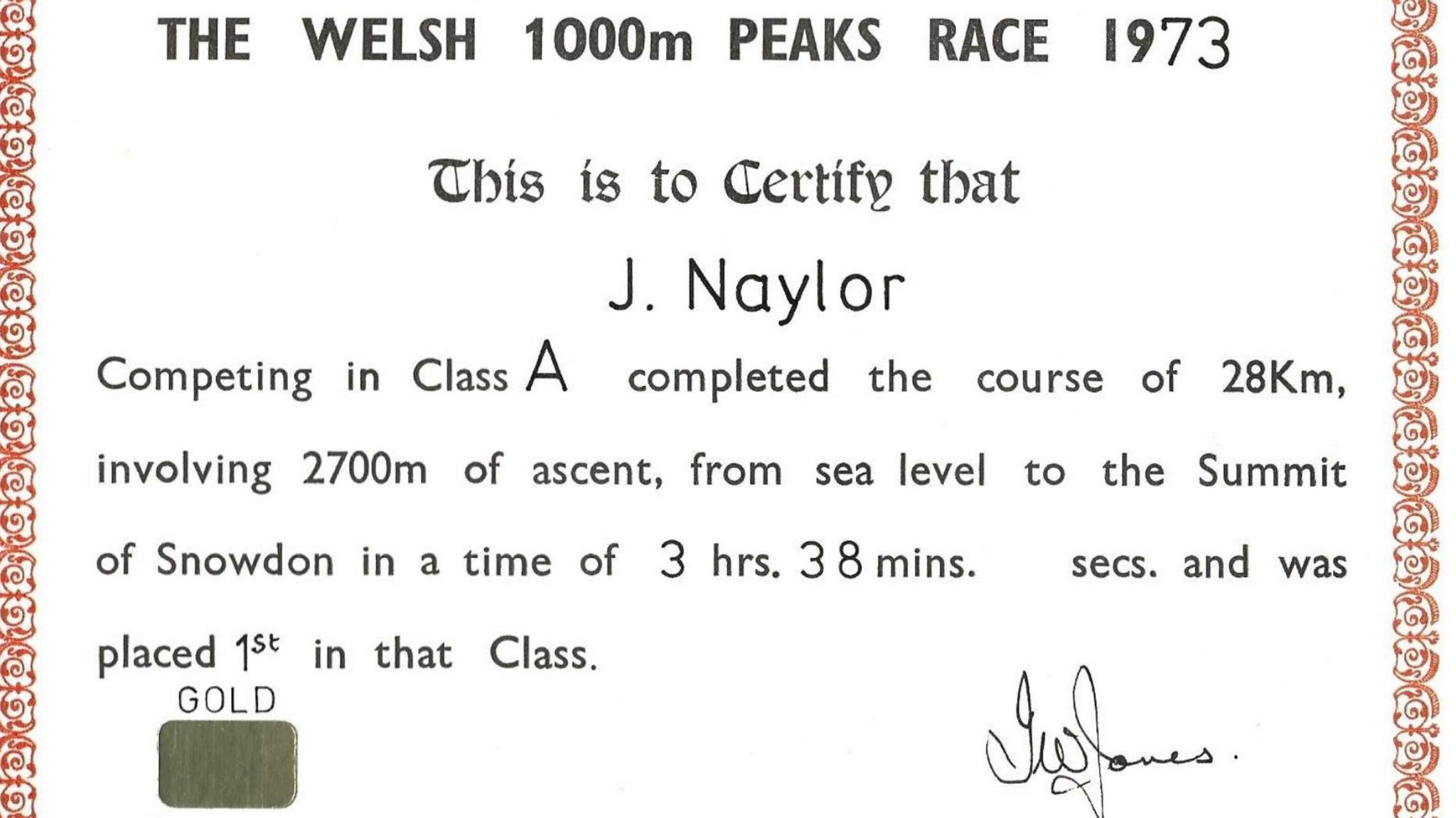 A certificate from 1973 awarded to My Naylor for coming first in the Class A division in the Welsh 1000m Peaks Race. He completed the 28km, 2700 ascent challenge in three hours and 28 minutes
