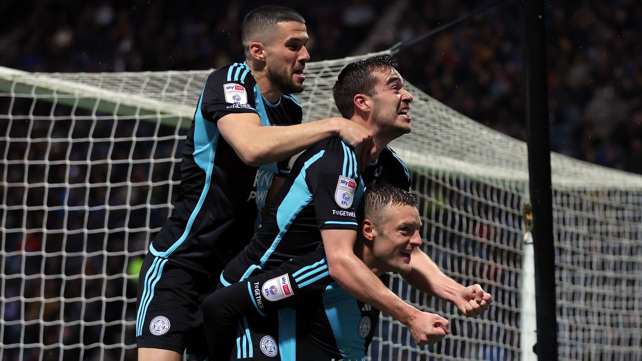Leicester City's Conor Coady, Harry Winks and Jamie Vardy celebrate after a goal