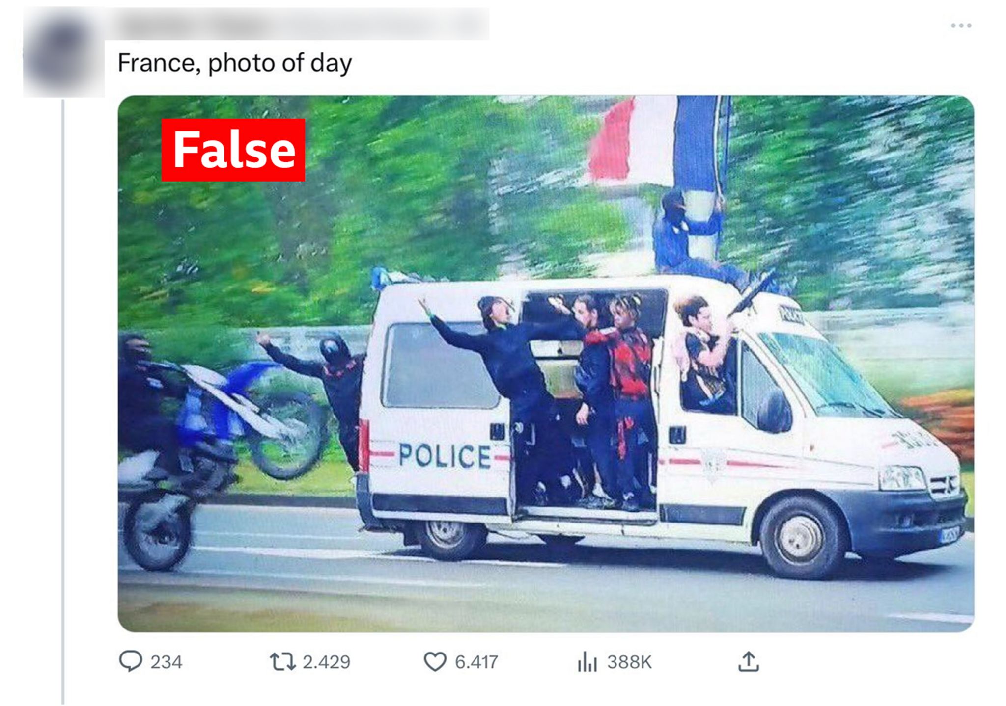 A picture of a police car with rioters taken from a tweet and and labelled andquot;False"