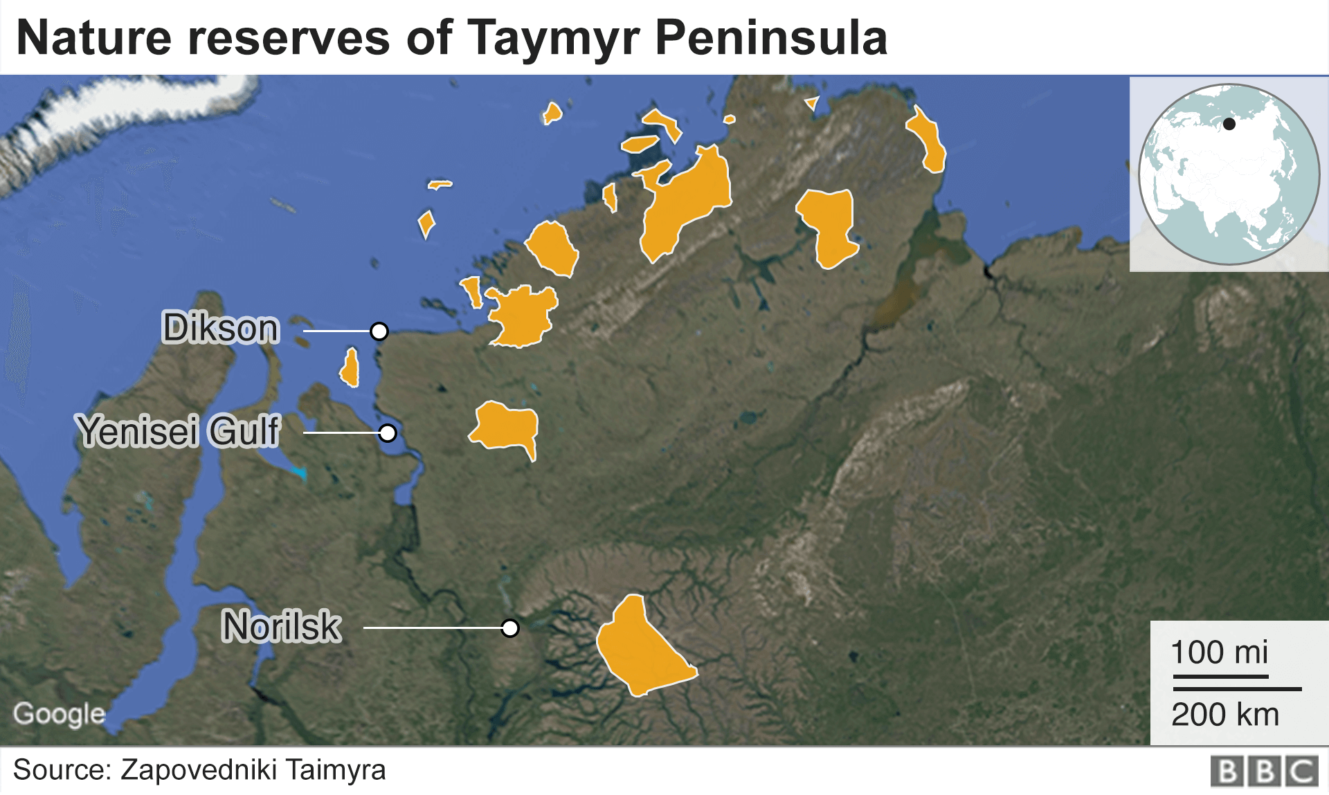 Russia map showing Taymyr nature reserves