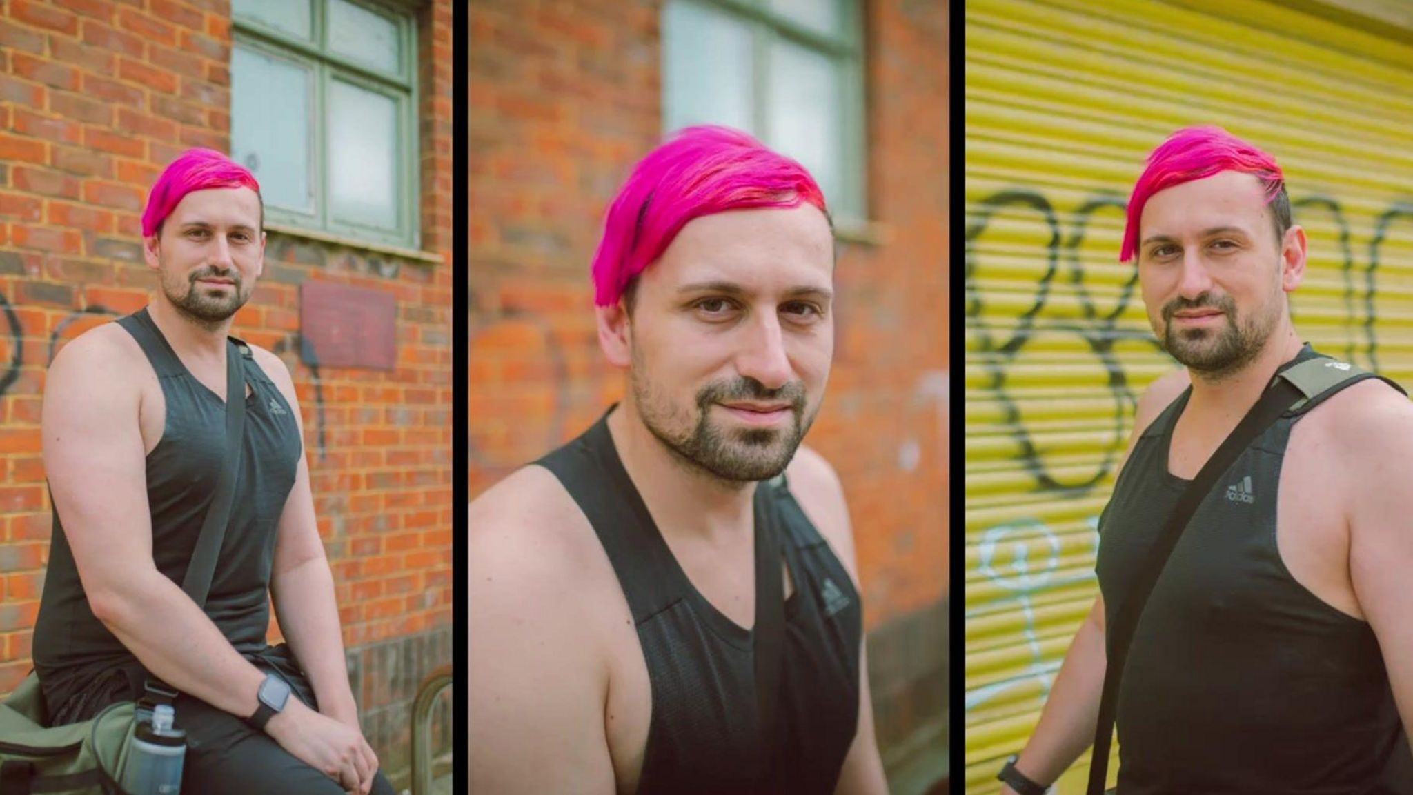 Images of man with pink hair standing beside a wall in Portsmouth