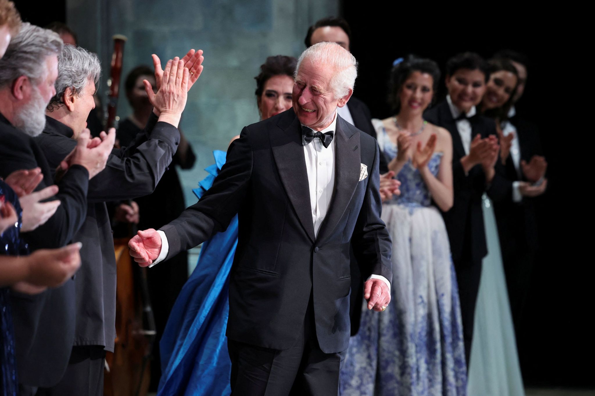 King Charles III meets with the cast of a special Gala performance at the Royal Opera House in London in tribute to out-going music director Sir Antonio Pappano.