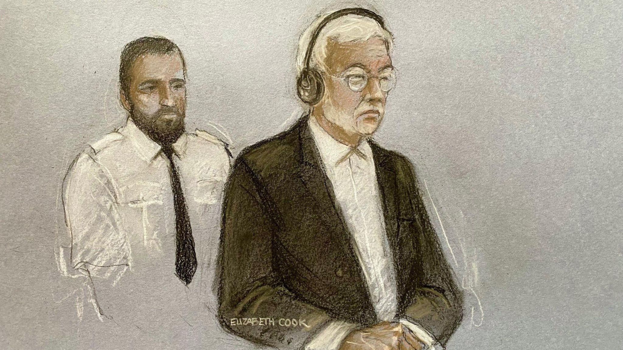 Hongchi Xiao sketched in court with grey hair, glasses and a beard in a suit. A security guard with a black tie and white shirt is stood behind him.