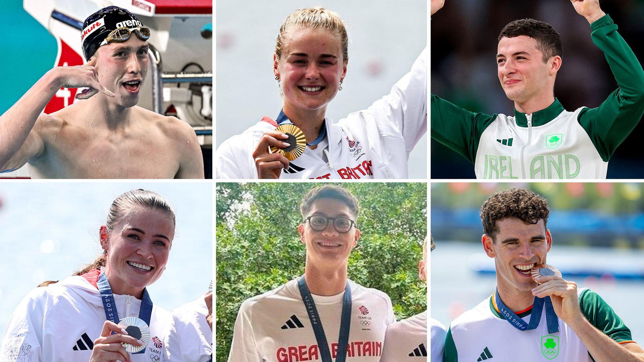 Daniel Wiffen, Hannah Scott, Rhys McClenaghan, Rebecca Shorten, Jack McMillan and Philip Doyle airs pinch their medals