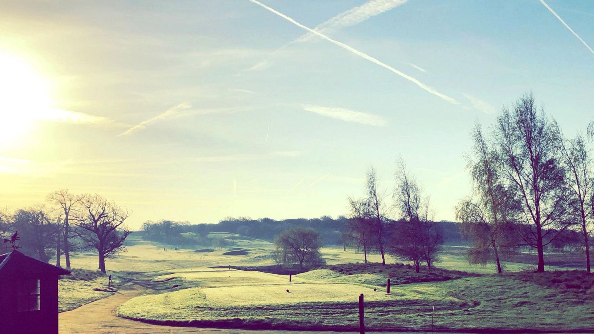 The Par 3 16th hole, with the tee in the foreground, the green in the distance.