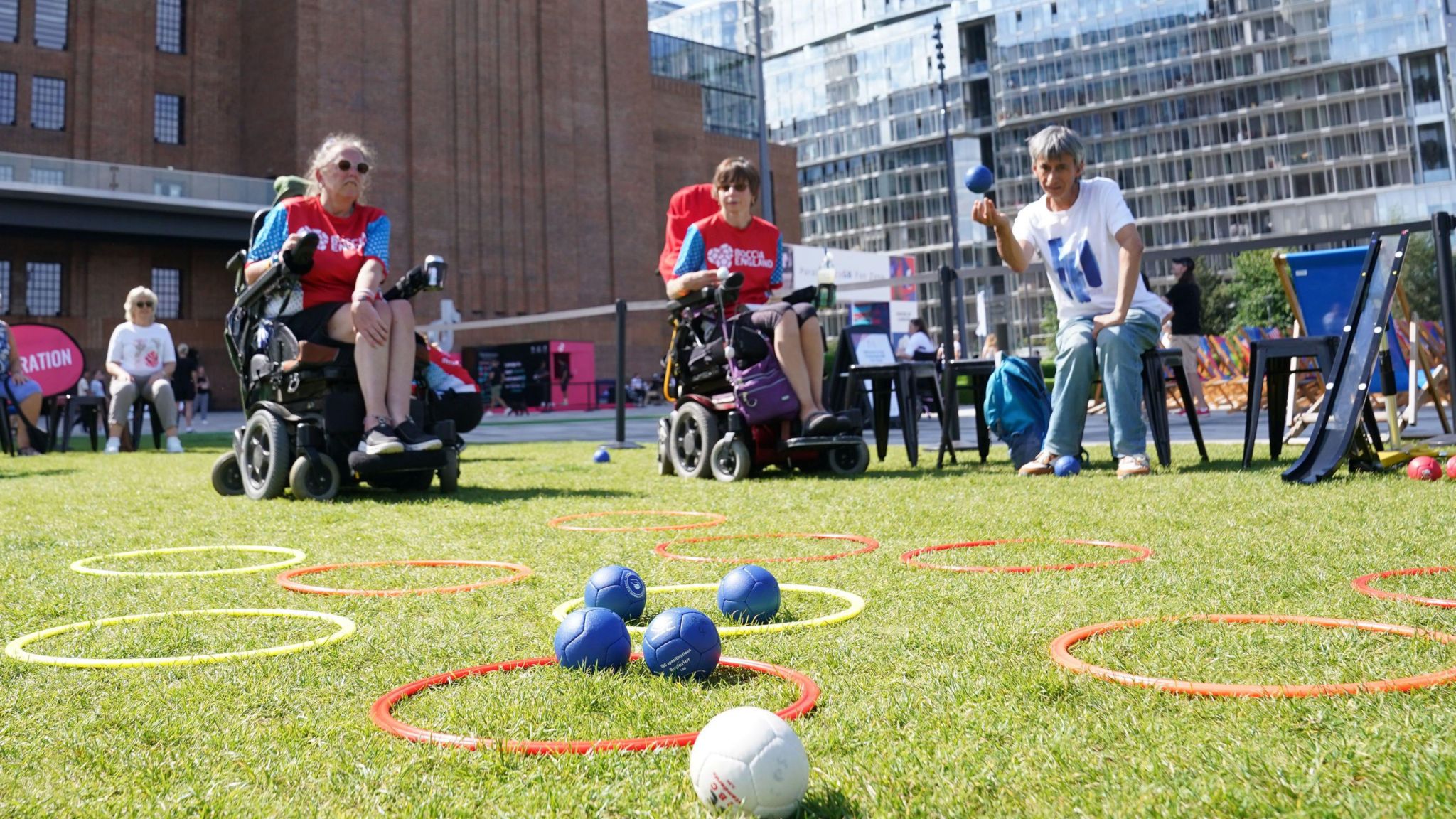 Fans playing boccia.