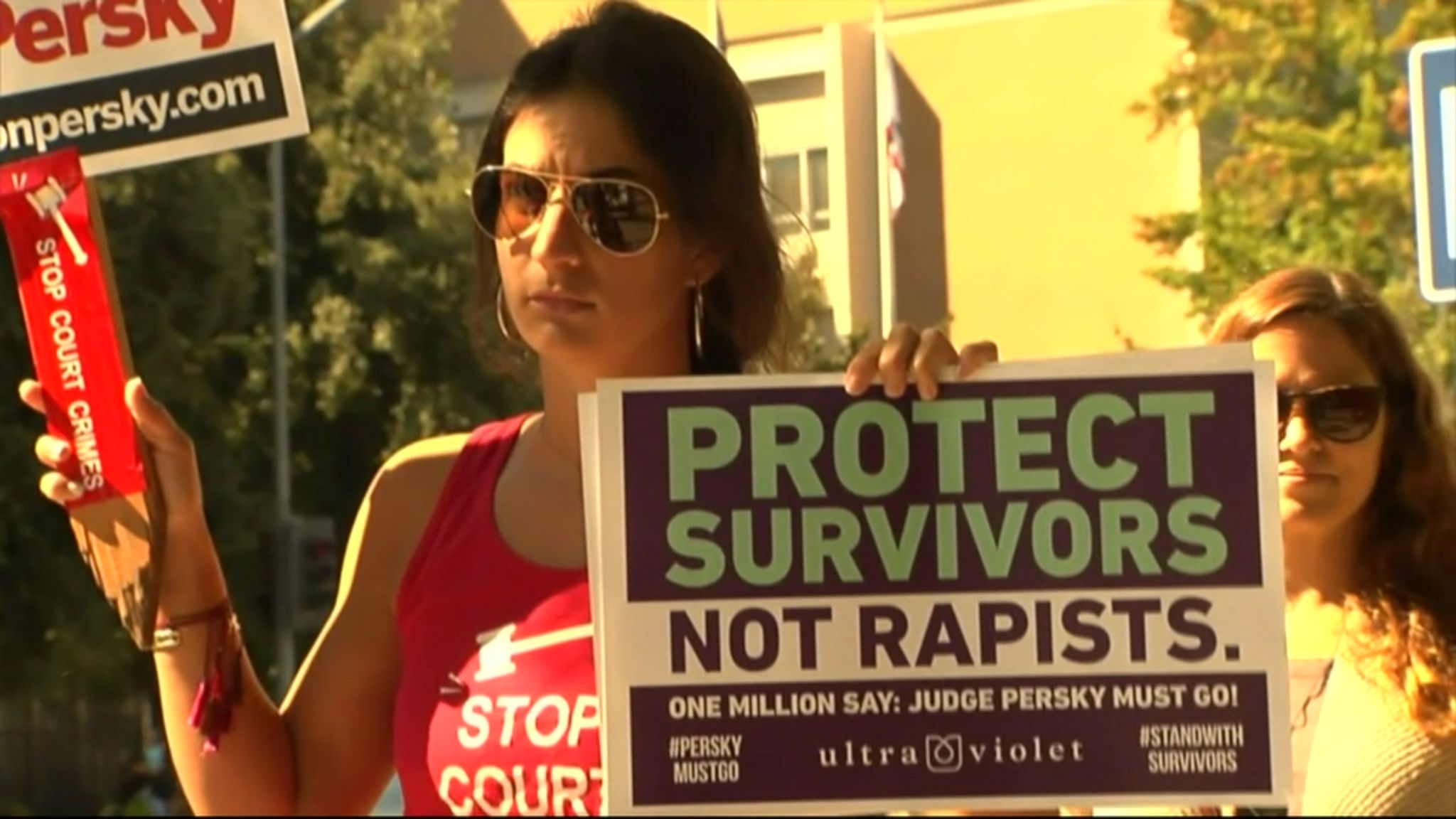 Demonstrators against what they see as a lenient sentence for rape handed down by California judge Aaron Persky against Stanford student, Brock Turner, 2018