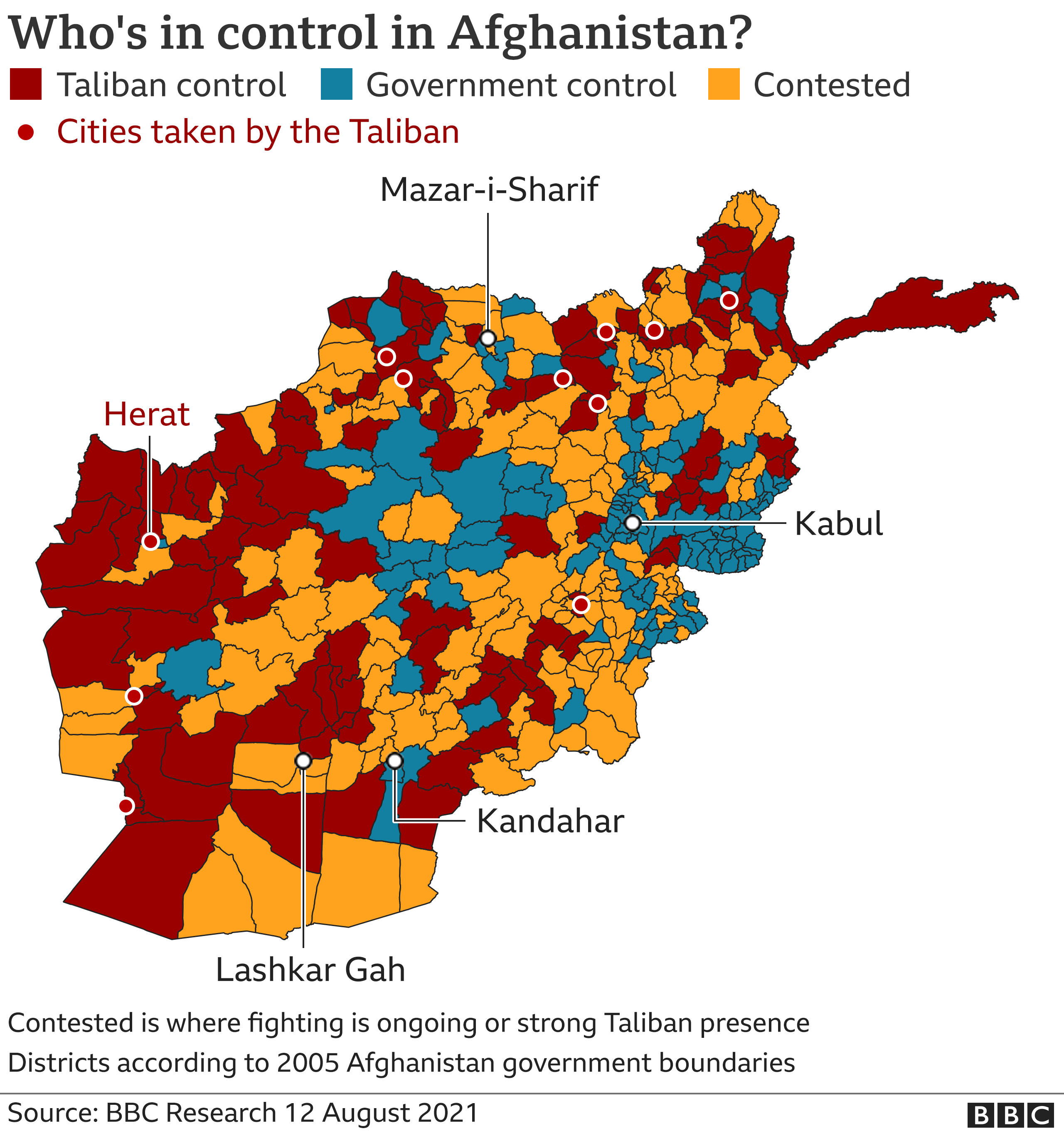 Map showing who is control of districts in Afghanistan
