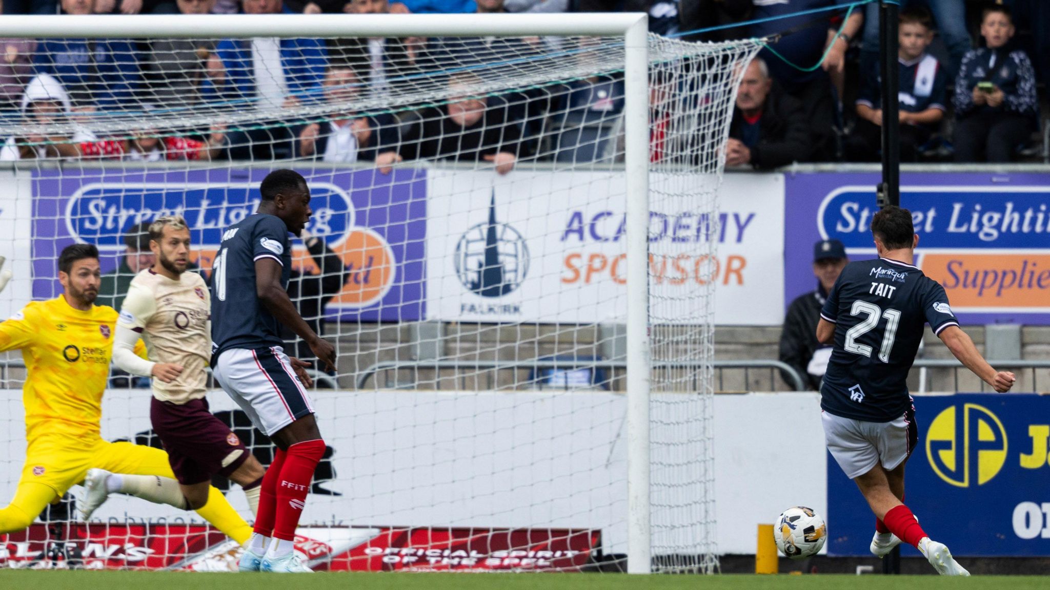 Dylan Tait scores for Falkirk against Hearts