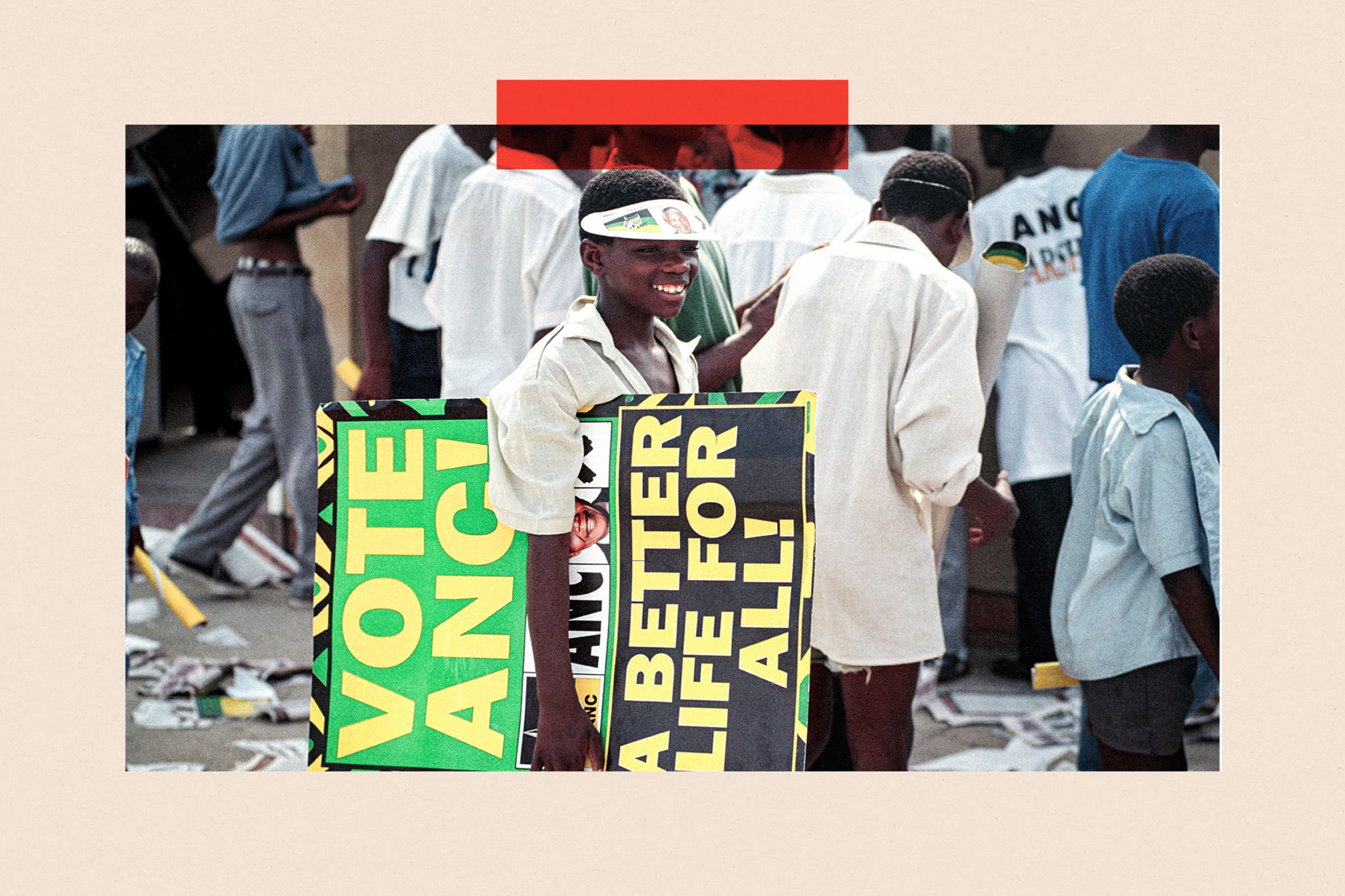 A 1994 photo of a boy carrying an ANC election placard